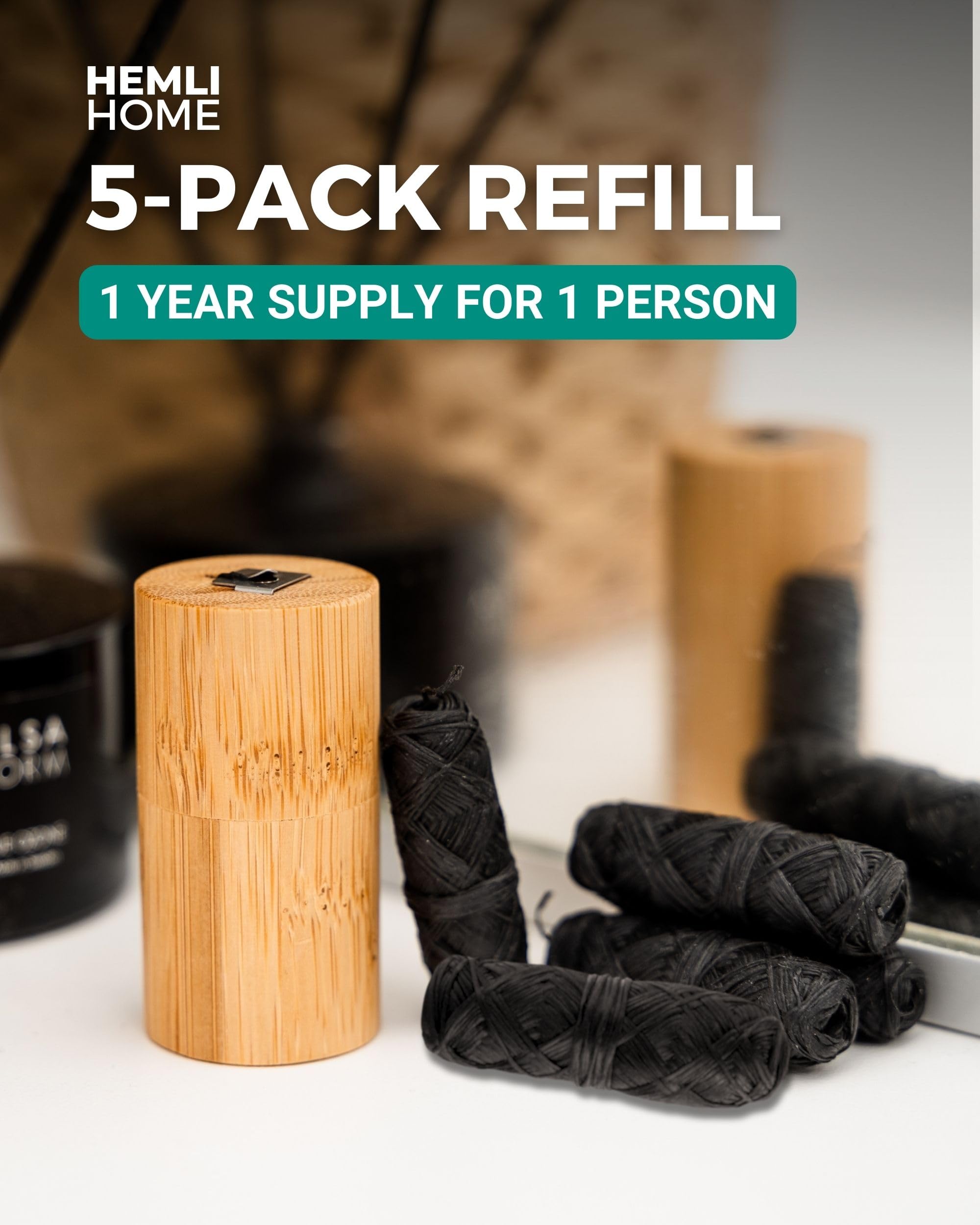 Organic Bamboo Charcoal Dental Floss Refills - 5 Pack (33 Yards Each) | Natural Mint Flavor, Eco-Friendly & Biodegradable Bamboo Fiber Floss with Plant-Based Candelilla Wax | Perfect for Travel, Home & Zero-Waste Oral Care Routine