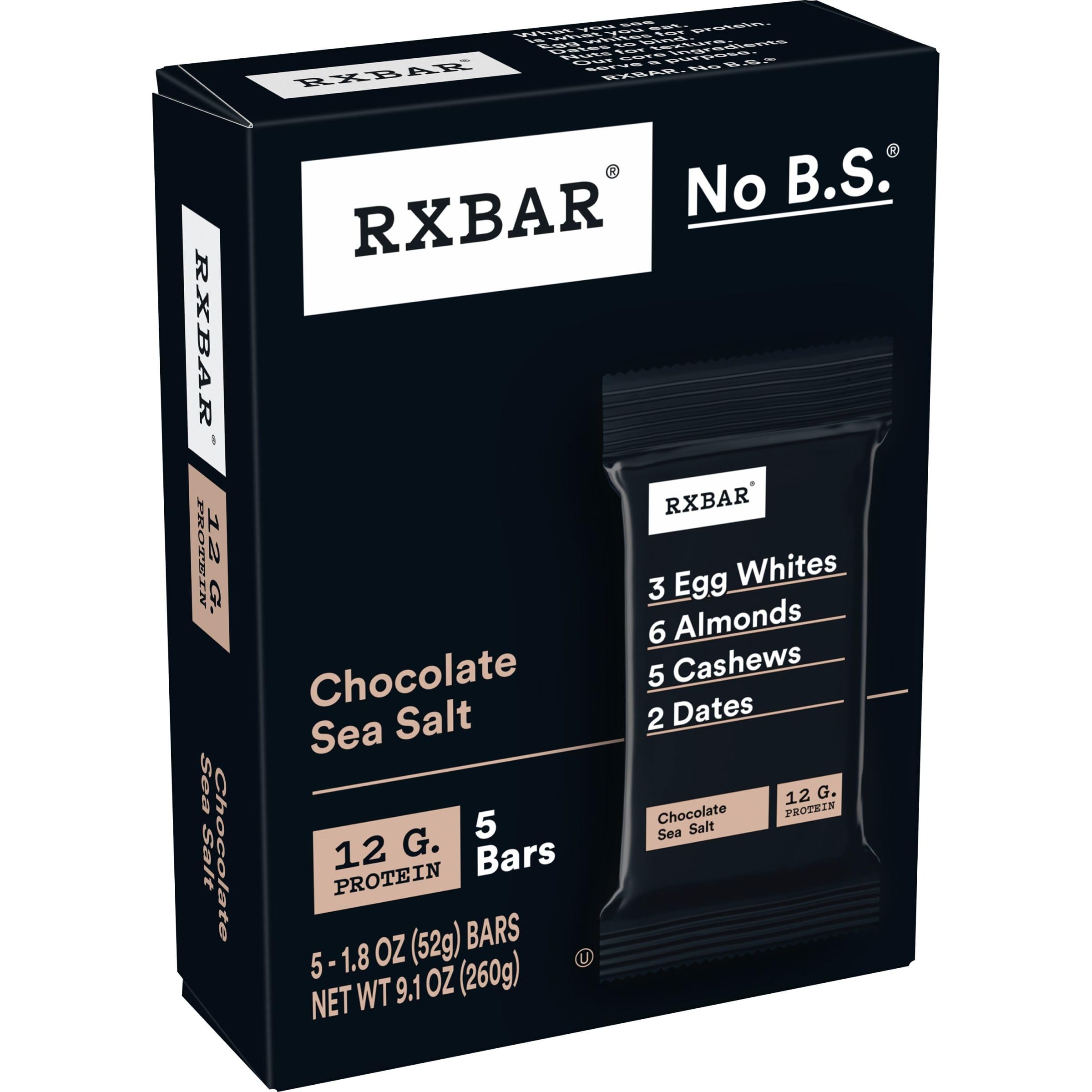 RXBAR Protein Bars - Chocolate Sea Salt Flavor, 9.1oz (5 Bars) | High Protein Snack for Workout Recovery, Healthy On-the-Go Breakfast & Post-Gym Energy Boost