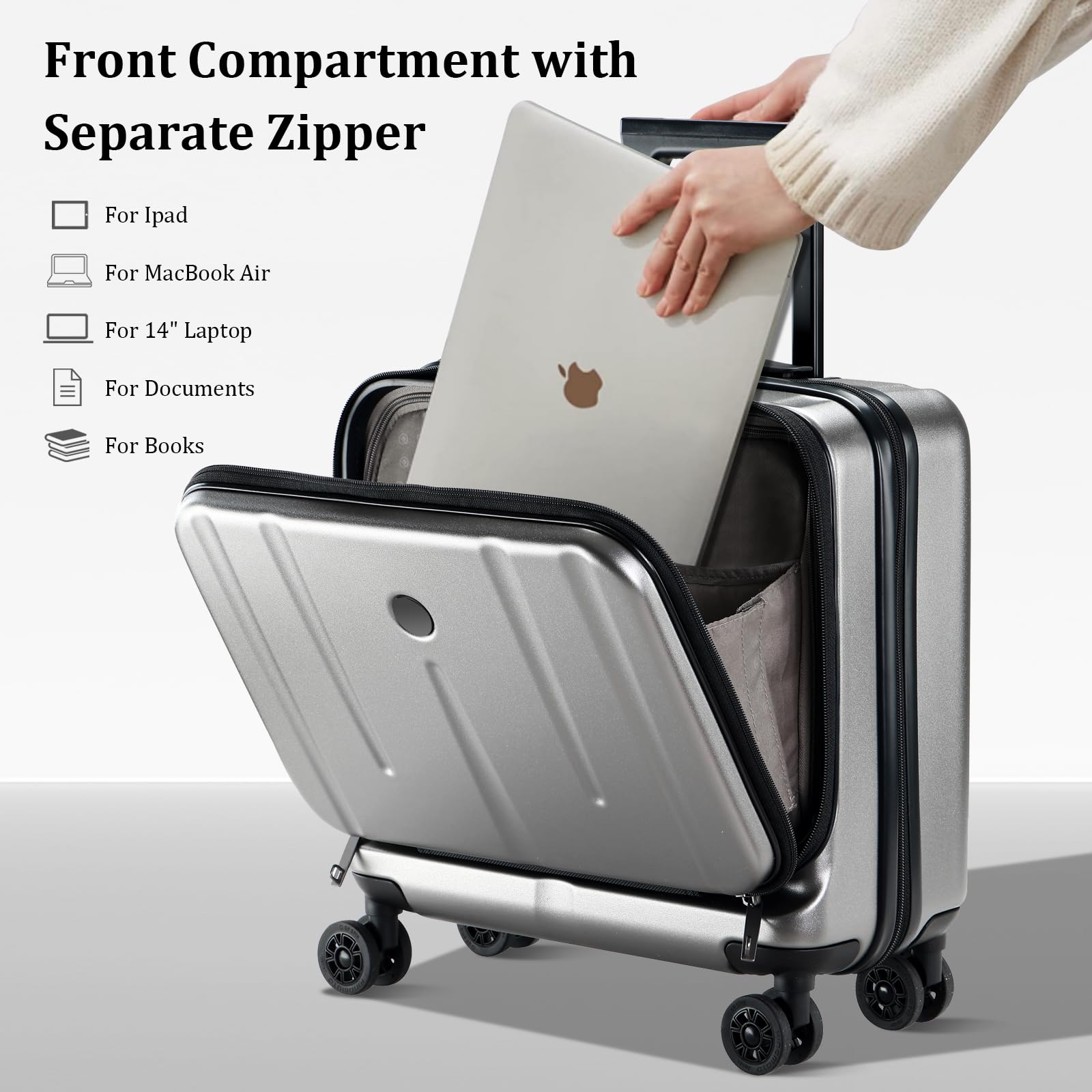 16 Inch Carry On Luggage with 2 Compartments - Lightweight Hardshell ABS+PC Suitcase for 14” & 15” Laptop, Spinner Silent Wheels, 16.14x8x17.12” Rolling Briefcase - Perfect for Business Travel, Airplane Cabin & Weekend Getaways (Dark Gray)