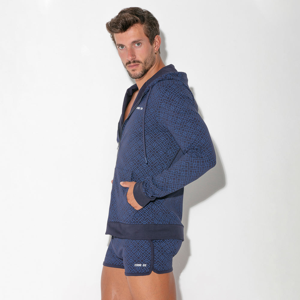 Code 22 Geometric Print Slim Fit Cotton Hoodie 9811 - Navy Blue Men's Casual Pullover for Streetwear & Everyday Comfort