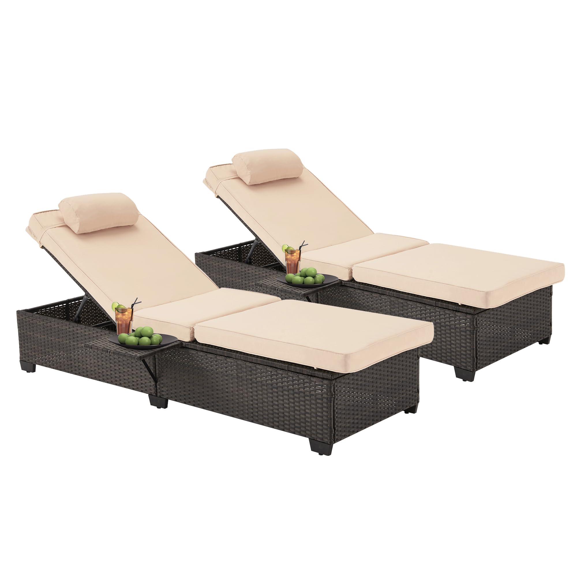 HOMREST 2-Piece PE Wicker Patio Lounge Chair Set with Adjustable Headrest & Soft Cushions - 5 Reclining Positions, Storage Rack - Outdoor Chaise Lounge for Poolside, Backyard, Garden Relaxation (Khaki)
