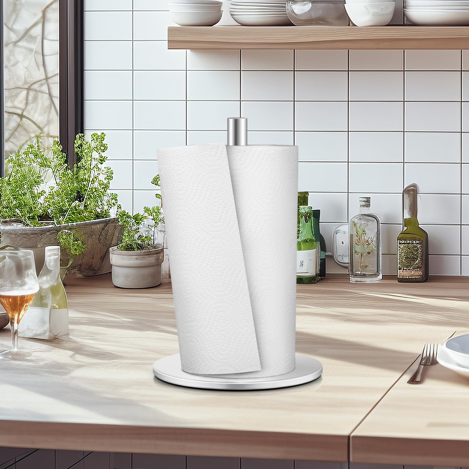 Premium Stainless Steel Paper Towel Holder - Silver Countertop Kitchen Roll Stand with Non-Slip Weighted Base | Durable & Stylish for Kitchen, Bathroom, Office, or Restaurant Use