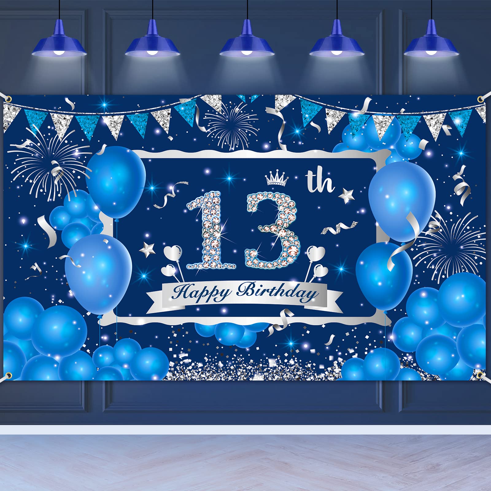 Navy Blue & Silver Happy 13th Birthday Banner - Large 72.8x43.3 Inch Party Backdrop Decor for Boys & Girls - Perfect for 13th Birthday Party Supplies, Teen Decorations & Milestone Celebrations