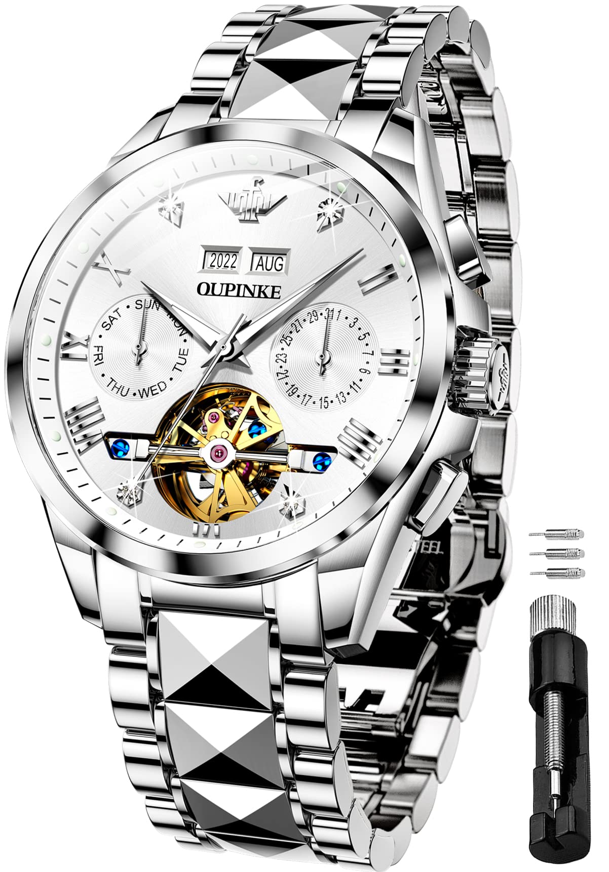 OUPINKE Luxury Automatic Mechanical Men's Watch - Tungsten Steel, Luminous, Waterproof, Sapphire Crystal with Diamond Accents & Calendar - Perfect Dress Watch for Business, Formal Events & Gifts for Men