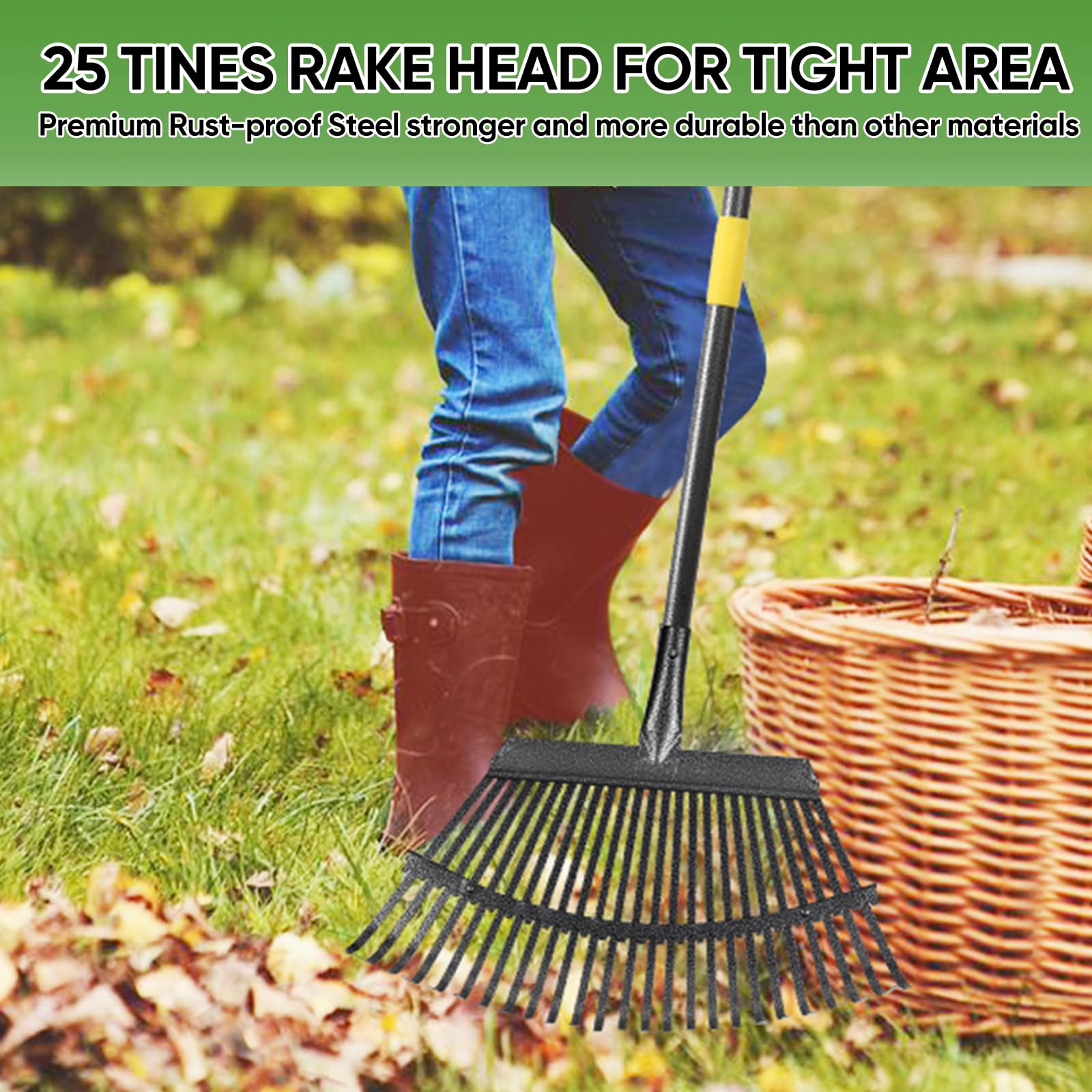 Heavy Duty 6FT Garden Leaf Rake with 25 Metal Tines - 18.5 Inch Wide Adjustable Steel Handle for Lawns, Yards & Flower Beds - Perfect for Raking Leaves, Gathering Shrubs, Leveling Grass & Outdoor Cleanup