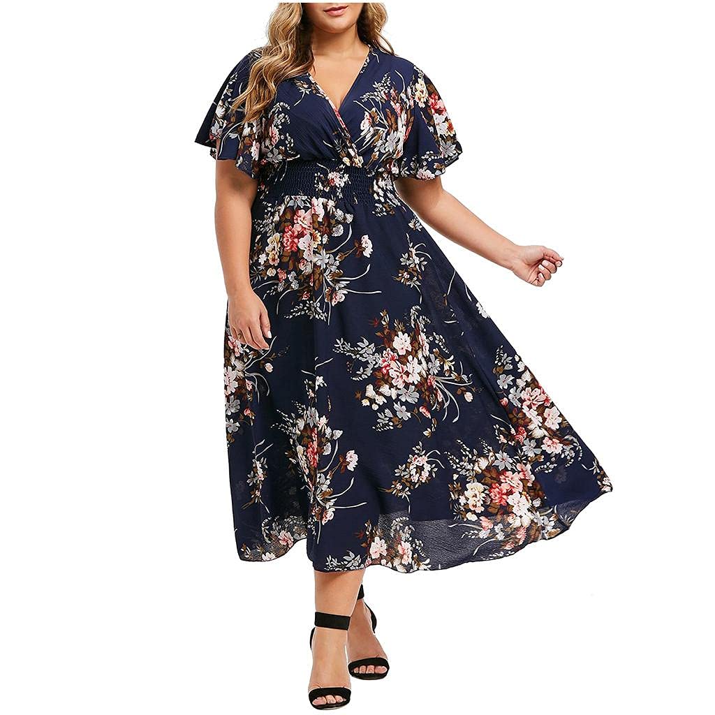 FABIURT Women's Flowy Summer Dresses - Casual Loose Short Sleeve Floral Maxi Dress for Beach, Party & Everyday Wear | Oversized Long Dress for Women