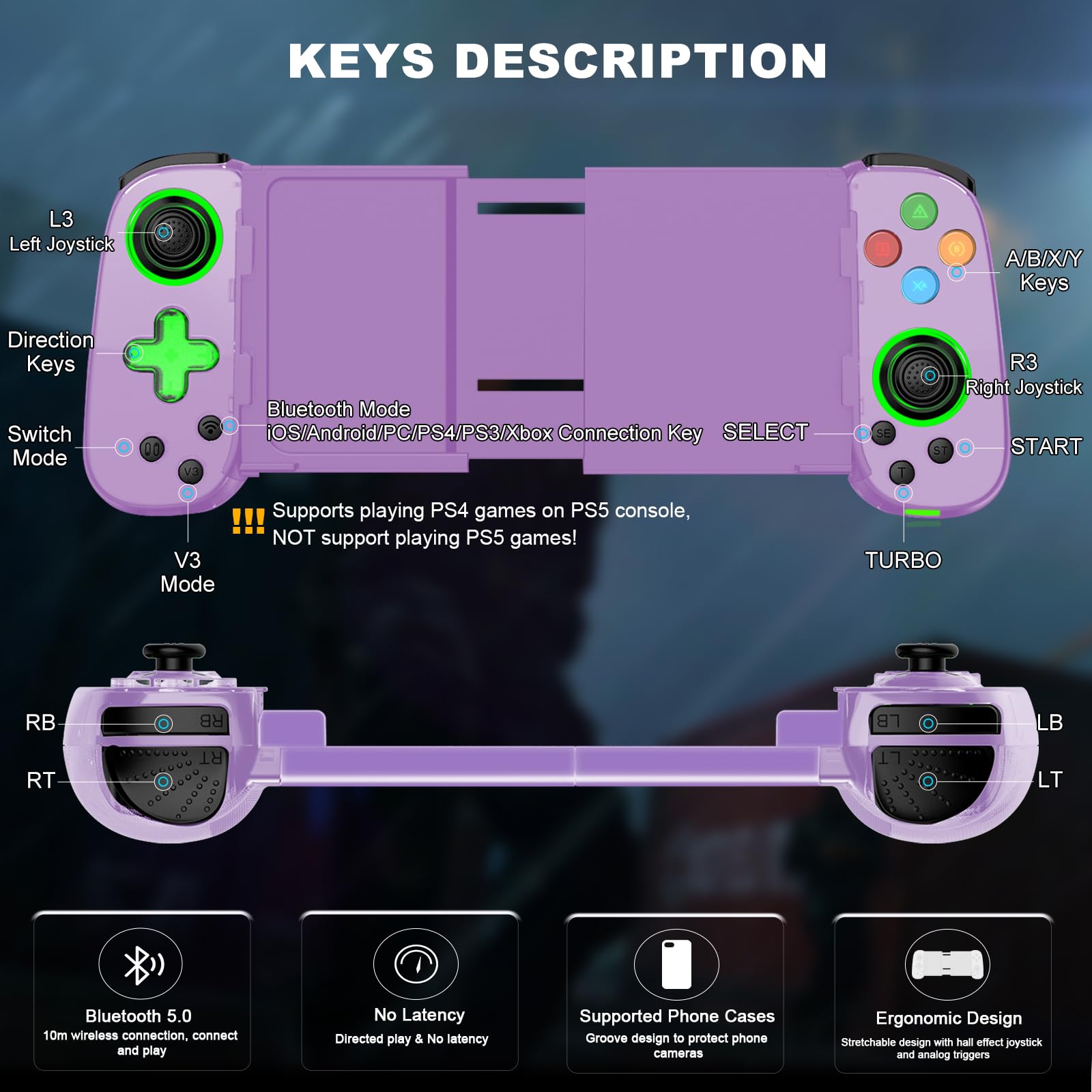 Wireless Game Controller for iPhone & Android - Hall Effect Joystick, Turbo Button, Green LED, Phone Case Compatible - Works with iPhone 15/14/13 & Samsung Galaxy S23/S22/S21 - Perfect for Call of Duty Mobile, Genshin Impact, Diablo Immortal Gaming
