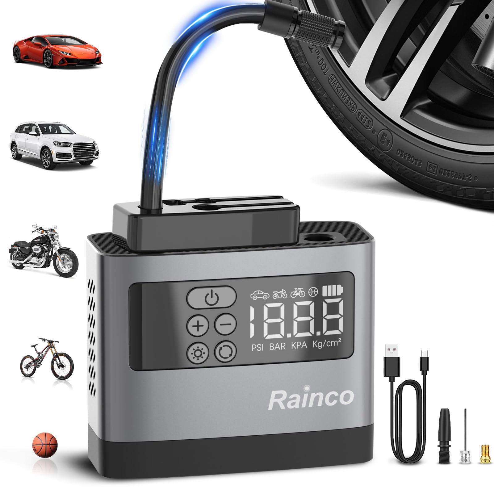 Portable Mini Tire Inflator Air Compressor with Digital Pressure Gauge & LED Light - Compact Bike and Car Tire Pump for Emergency, Travel, Camping, Road Trips