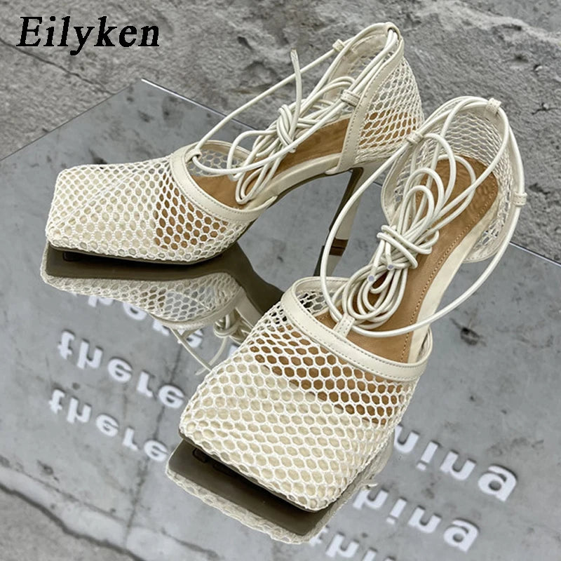 Eilyken Women's Sexy Mesh Pumps Sandals - Square Toe High Heel Lace-Up Cross Tied Stiletto Dress Shoes for Women | Perfect for Evening Parties, Date Nights & Special Occasions