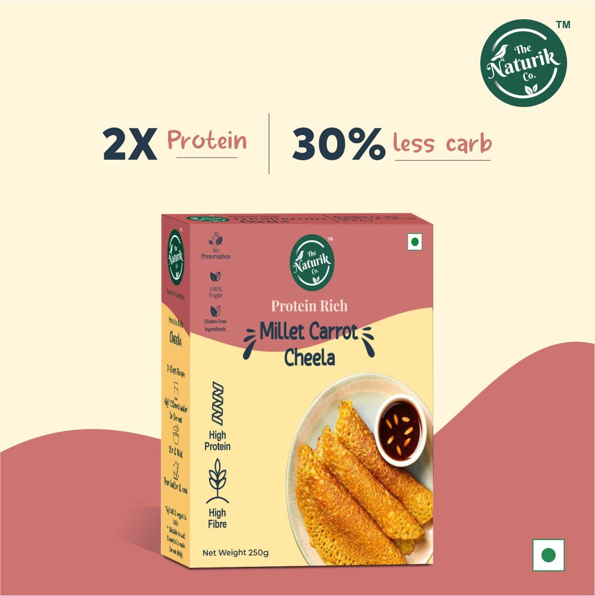 The Naturik Co Millet Carrot Cheela Mix - 250gm | Ready to Cook Millet Chilla & Dosa Mix | Healthy Instant Breakfast | Kids & Family Snack | Shark Tank Featured | Perfect for Quick Meals, School Lunches & On-the-Go Snacking