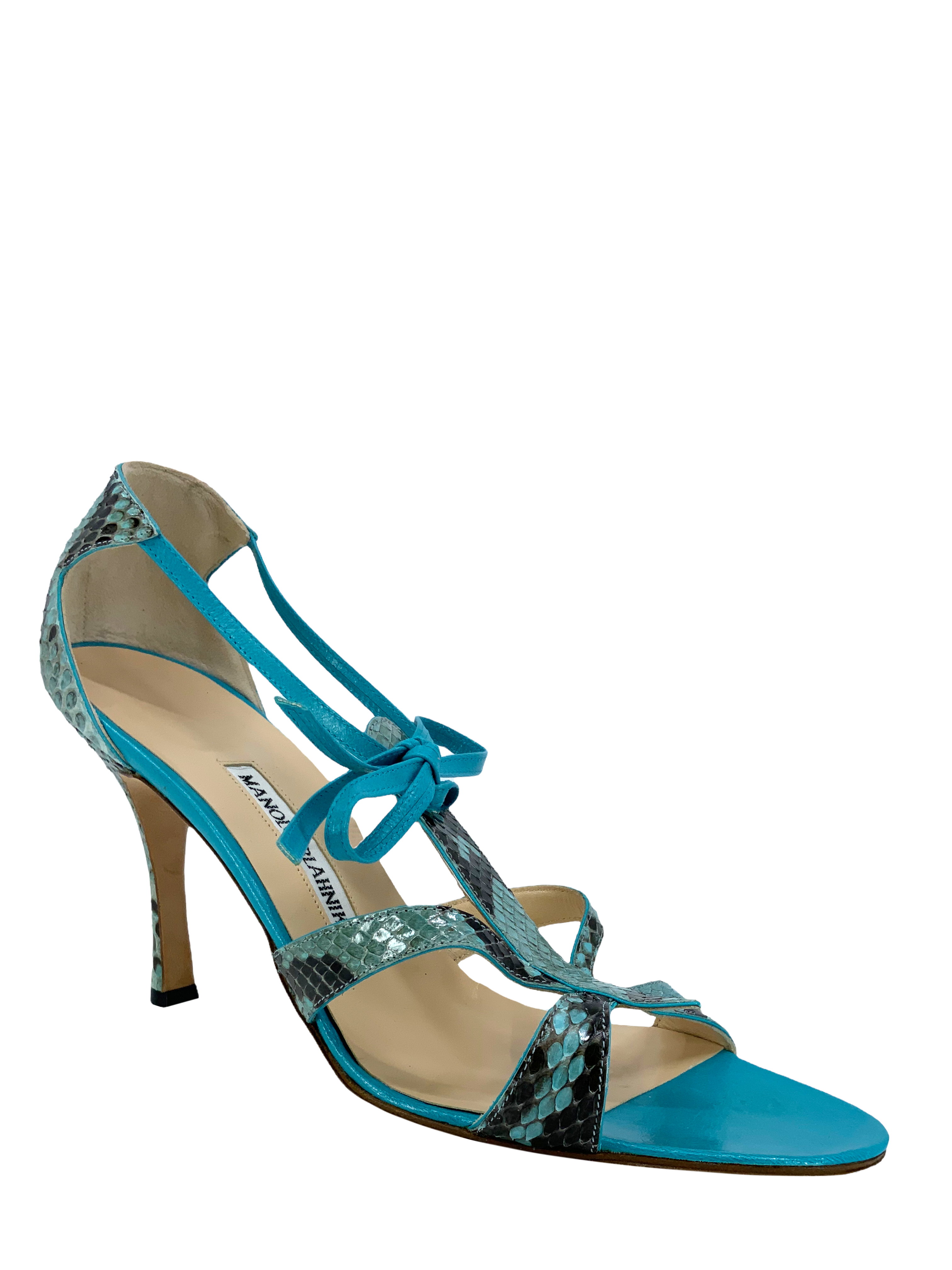 Manolo Blahnik Women's Size 10.5 Snakeskin Strappy Heel Sandals - Luxury Designer High Heels for Parties, Weddings & Special Occasions