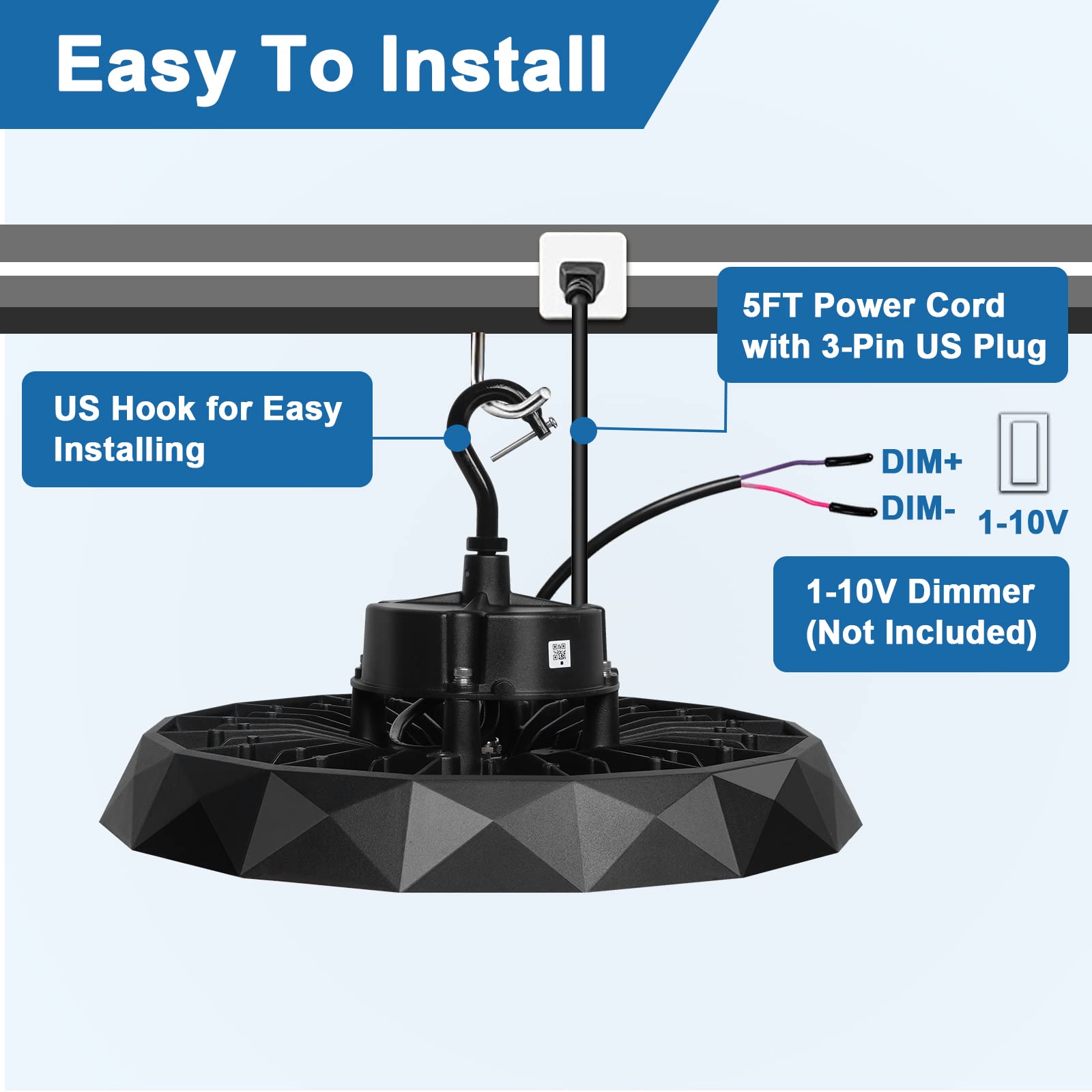 150W UFO LED High Bay Light - ETL Certified, Dimmable 5000K 22500LM - Shop & Warehouse Lighting with 5ft US Plug - Perfect for Industrial, Commercial, and Retail Spaces
