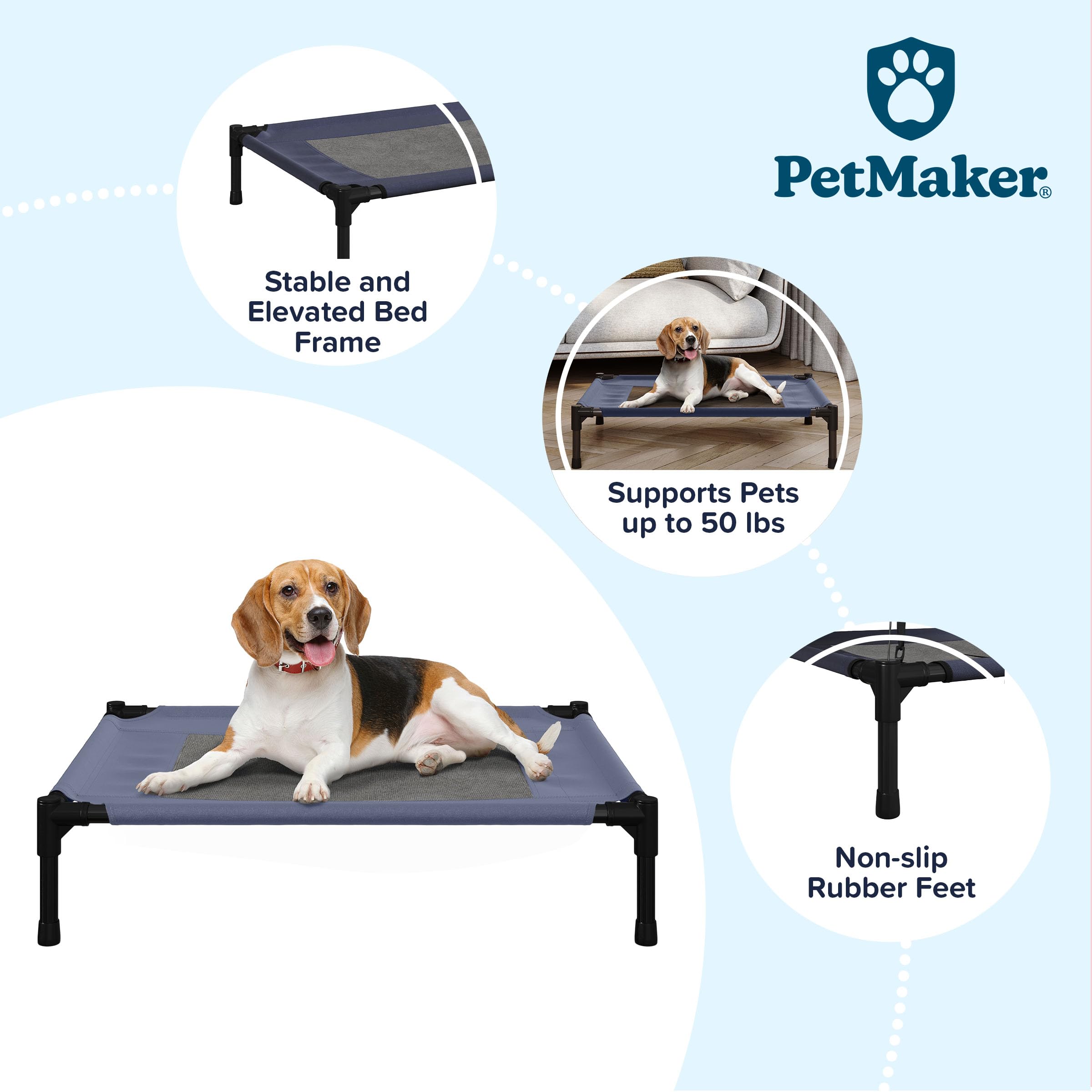 Premium Elevated Dog Bed - 30x24 Inch Portable Pet Cot with Non-Slip Feet - Indoor/Outdoor Cooling Dog Bed for Small to Medium Dogs up to 50lbs - Perfect for Camping, Patio & Home Use by PETMAKER (Blue)