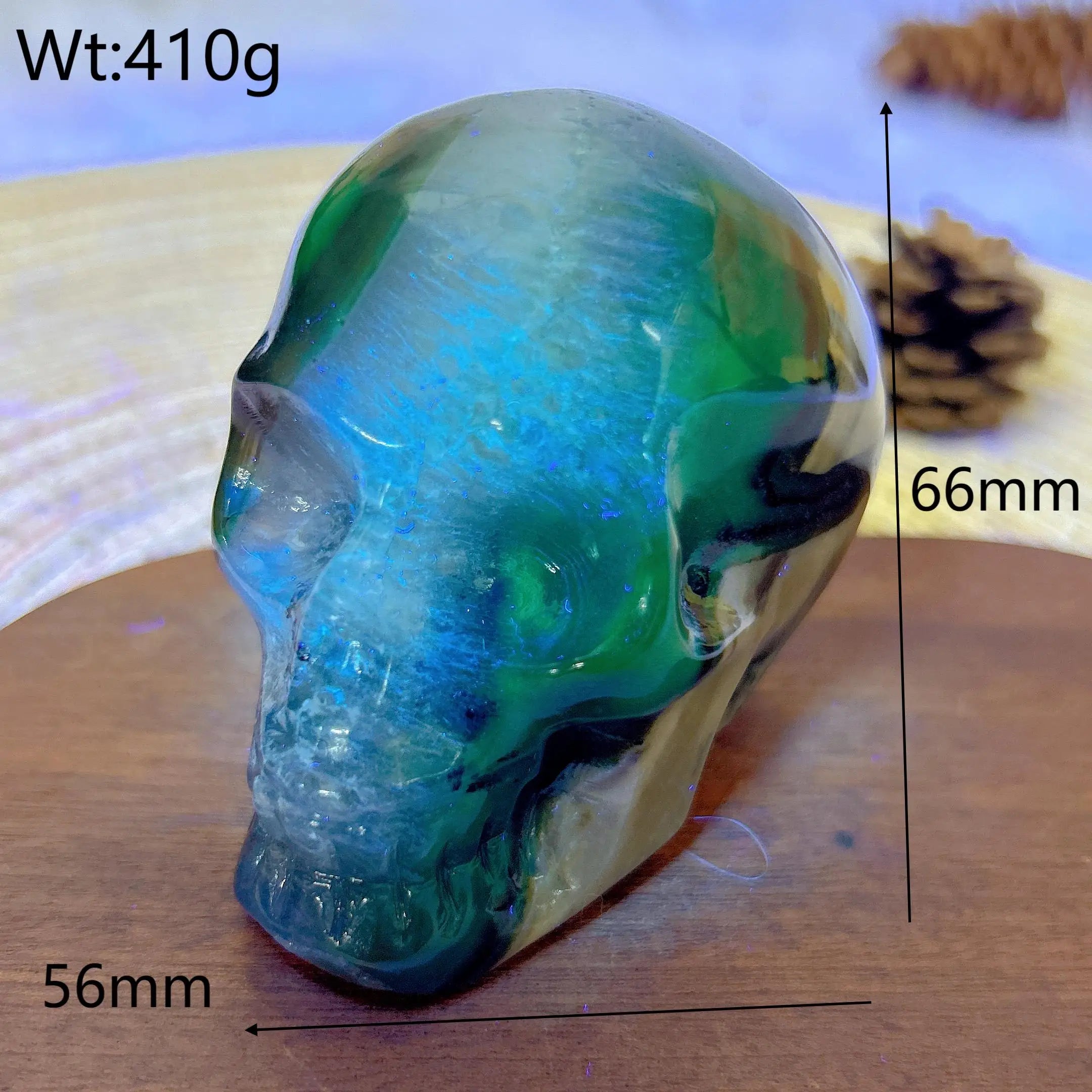 Natural Volcanic Agate Skull Carving with UV Light Effect - Green Flashy Healing Crystal for Energy, Home Decor & Spiritual Gifts | Perfect for Meditation, Feng Shui & Unique Gift Giving