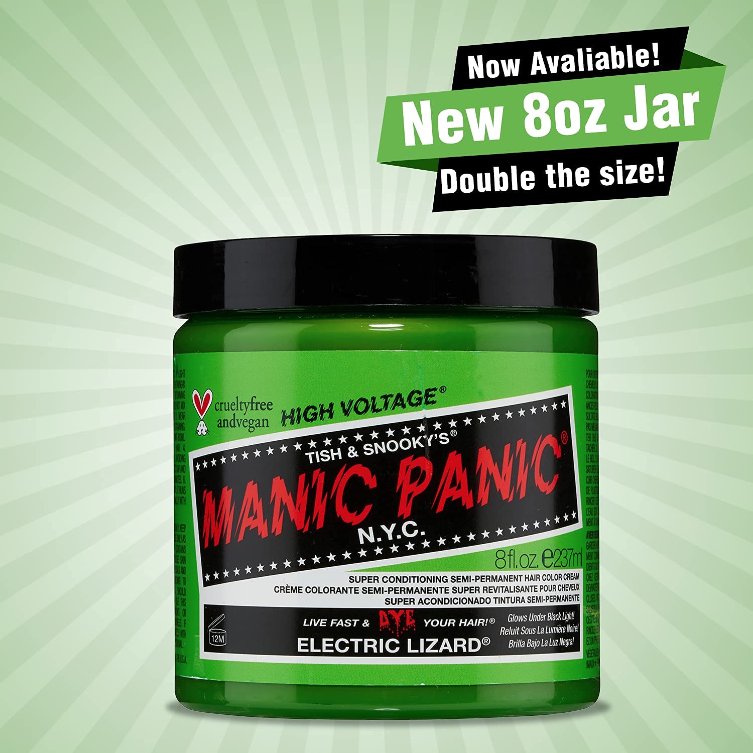 Manic Panic Electric Lizard Semi-Permanent Hair Dye - Vibrant Green Color - 8oz Bottle - Vegan & Cruelty-Free - Perfect for Punk, Cosplay & Festival Hairstyles