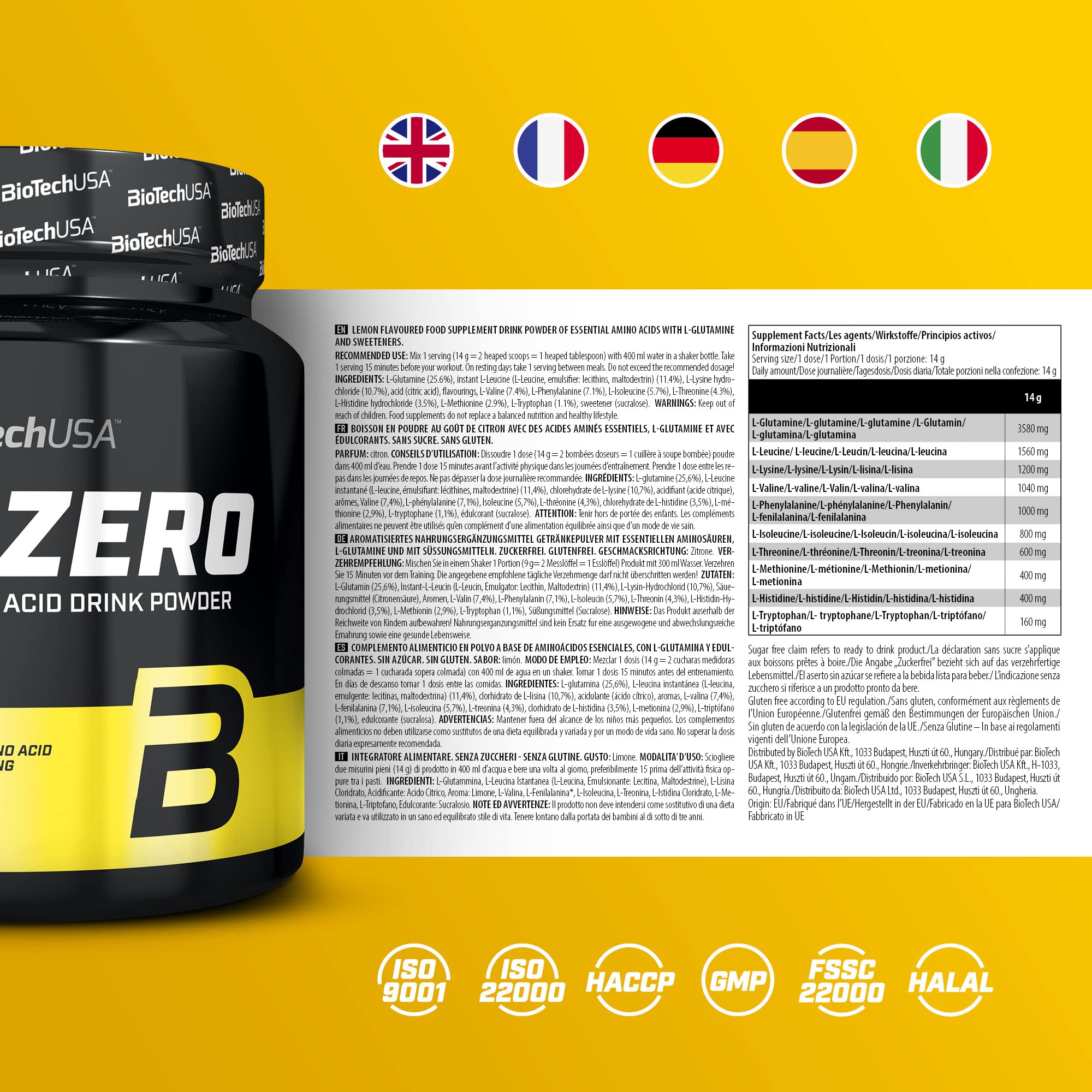 BioTechUSA EAA Zero - Essential Amino Acids Supplement, Lemon Flavor, 350g for Muscle Recovery & Workout Performance | Pre & Post Workout, Gym, Fitness Enthusiasts