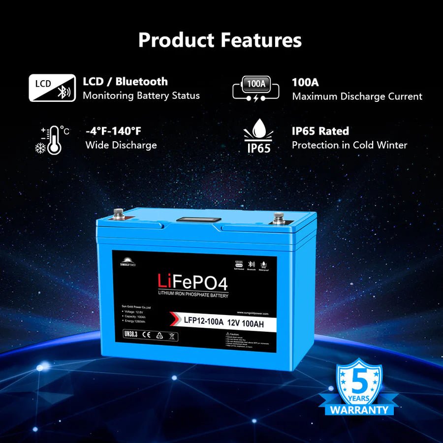 SunGoldPower 12V 100Ah LiFePo4 Deep Cycle Lithium Battery with Bluetooth, Self Heating & IP65 - Perfect for RVs, Solar Systems, Marine & Off-Grid Power Storage