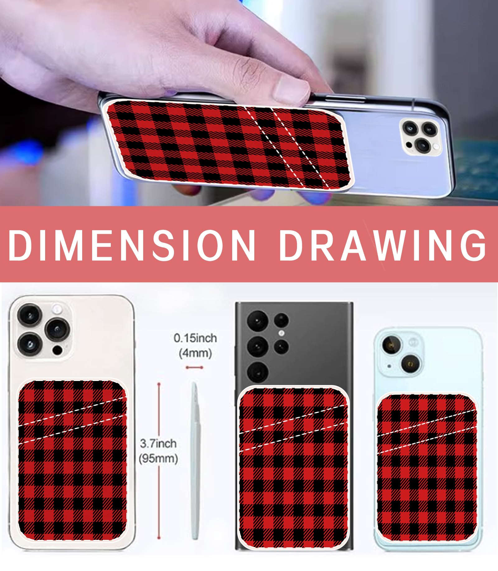 Stick-On Leather Phone Wallet - Cute Dual Pocket Credit Card Holder for Back of Phone Case | Compatible with Most Smartphones (Black & Red Checkerboard) | Perfect for Hands-Free Shopping, Travel & Daily Essentials