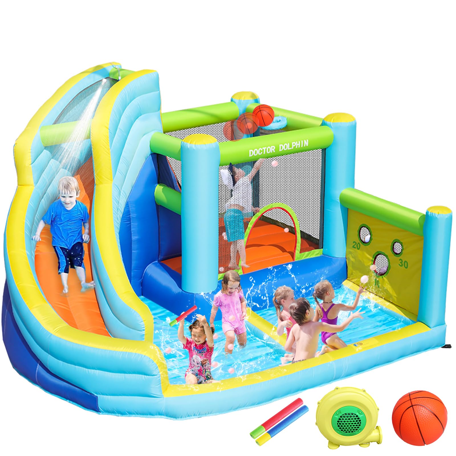 **Doctor Dolphin Inflatable Bounce House with Water Slide for Kids - Outdoor & Indoor Water Park Play Set with Blower, Perfect for Backyard Parties, Summer Fun, and Family Gatherings**