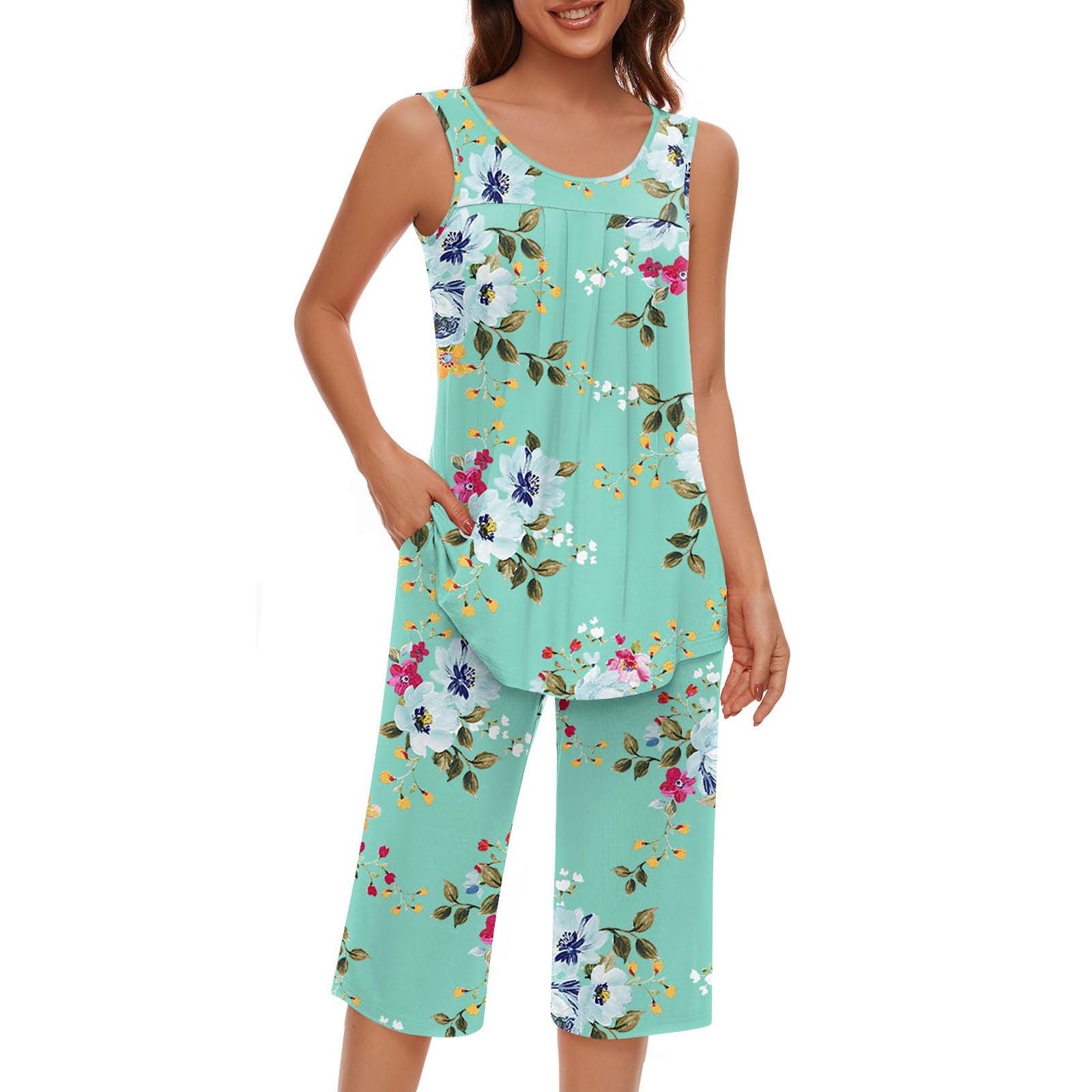 Women's 2-Piece Floral Print Pajama Set - Sleeveless Tank Top & Capri Pants Soft Summer Sleepwear Lounge Wear for Comfortable Night Sleep & Relaxing at Home