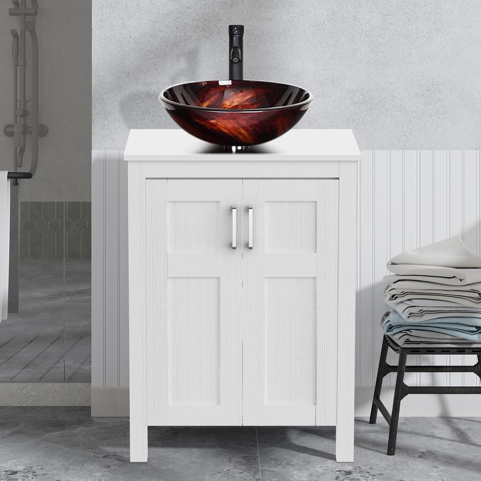 YOURLITE 24 Inch White Traditional Bathroom Vanity Set with Tempered Glass Sink Top & 2-Door Cabinet - Single Faucet Hole - Perfect for Small Bathrooms, Powder Rooms & Guest Baths