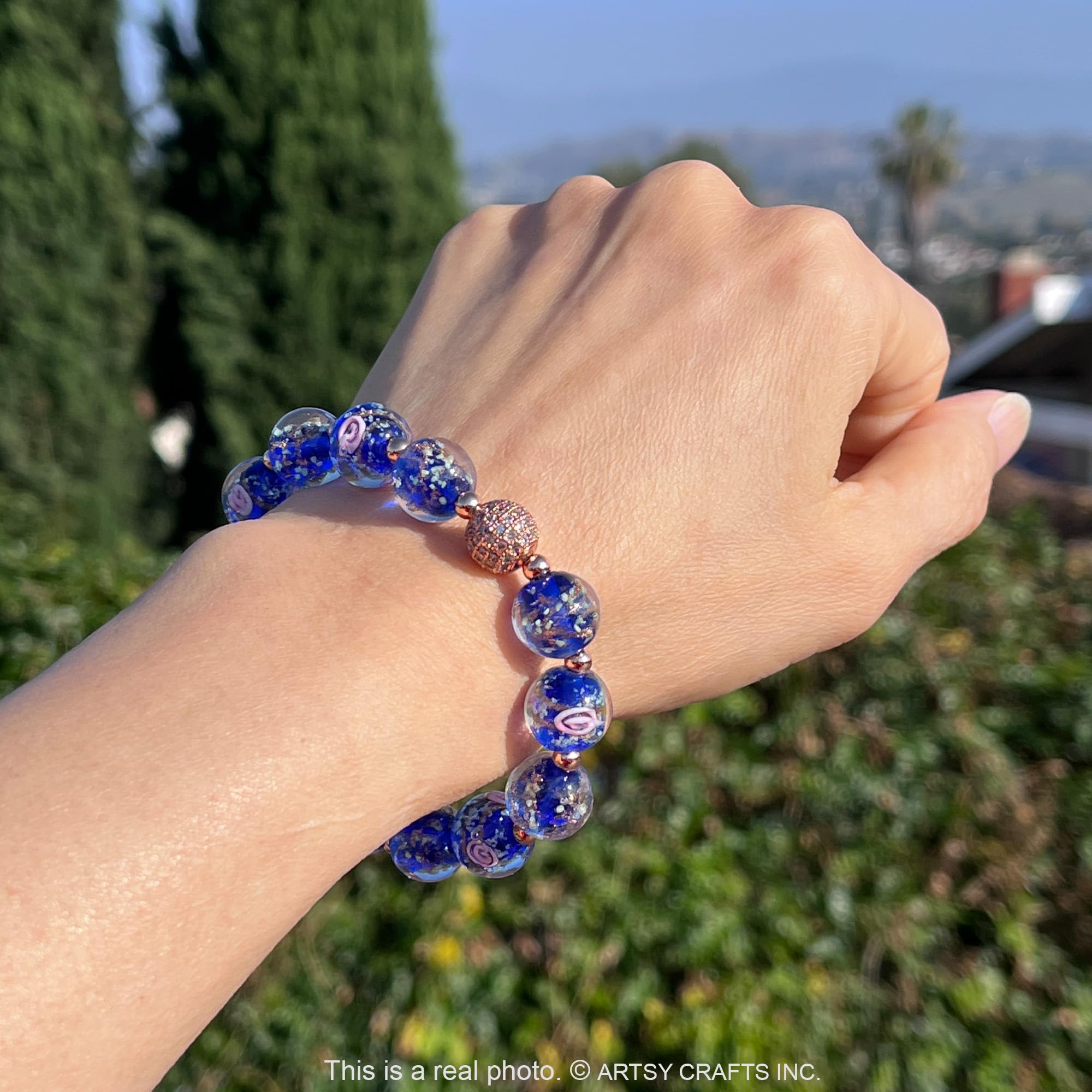 Glow in The Dark Firefly Beads Bracelet - Ocean Blue Luminous Murano Glass Beads Jewelry for Women, Mermaid Crystal Healing Inspirational Bangle - Perfect for Night Parties, Beach Wear & Spiritual Healing