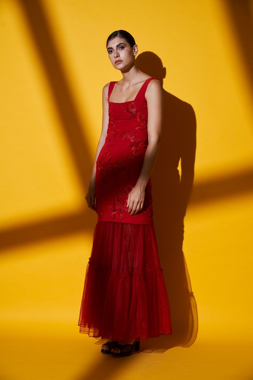 Elegant Red Embroidered Bodycon Dress for Women - Sexy Slim Fit Party Cocktail Dress for Night Out, Date Night & Special Occasions