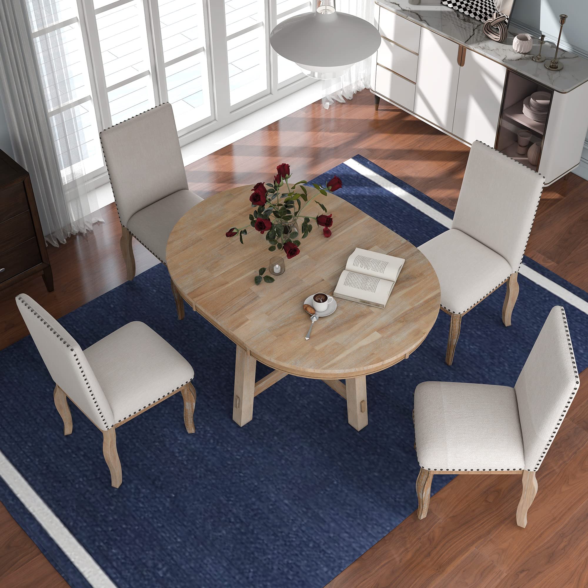 5-Piece Extendable Round Dining Table Set with 4 Upholstered Chairs - Farmhouse Retro Style Wooden Table for 4-6 People - Natural Wood Finish - Perfect for Small Kitchens, Dining Rooms & Cozy Family Gatherings