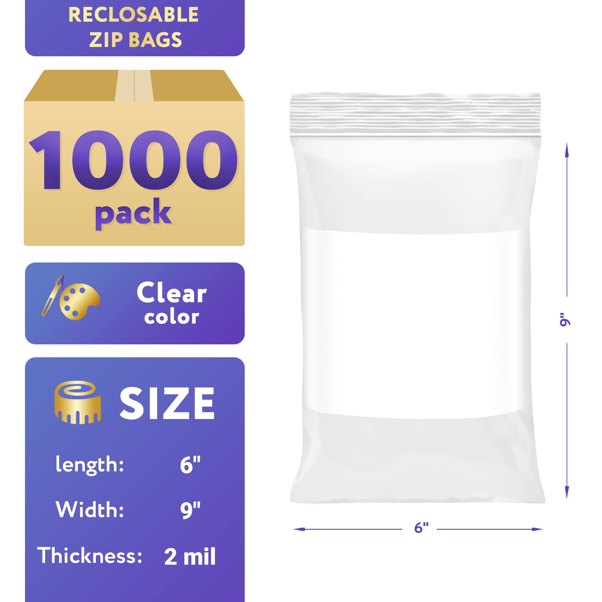 1000 Pack 6x9 Inch White Block Reclosable Zipper Bags - 2 Mil Thick Clear Food Storage Bags with Write-On Label Area | Waterproof Packaging for Small Business, Snacks, Crafts & Retail Products