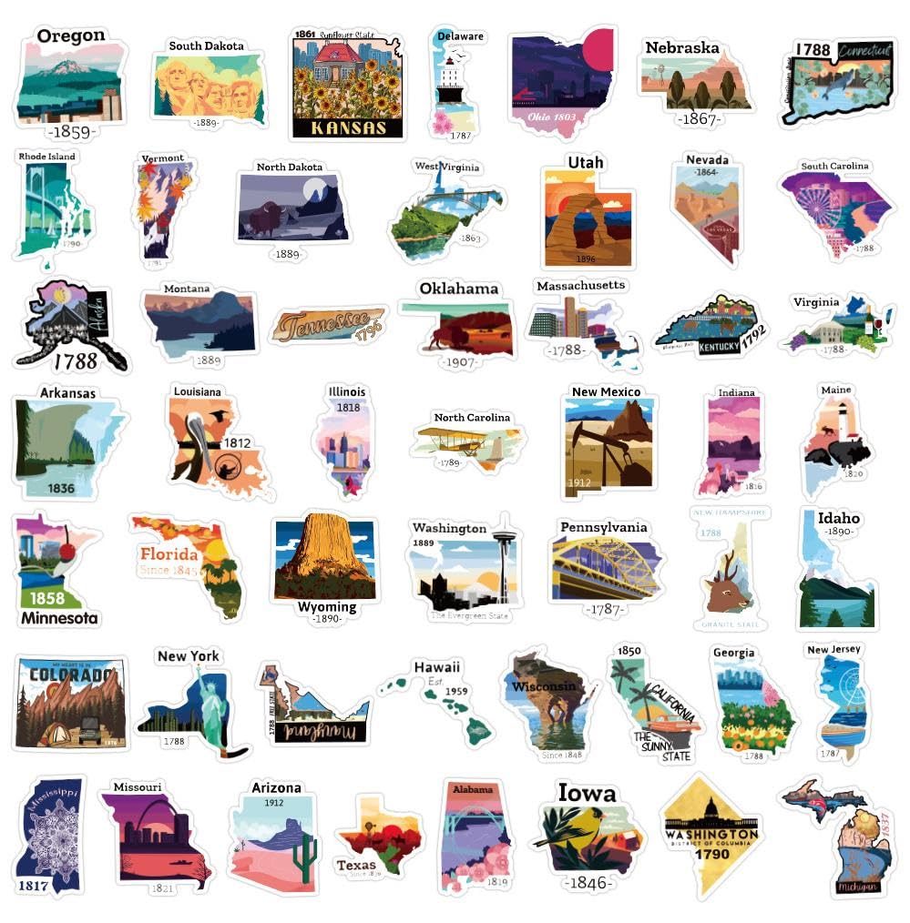 50Pcs USA Map Stickers - Waterproof Vinyl Decals for Water Bottles, Laptops, Phones & Scrapbooks | Fun Travel-Themed Stickers for Kids, Teens & Adults | Perfect for Travel Accessories, School Projects & DIY Crafts