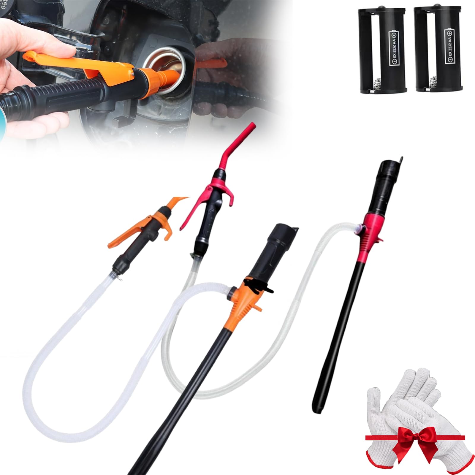 Portable Electric Gas Pump - Battery Powered Fuel Transfer Pump for Cars, Boats, Lawn Mowers - Compact & Lightweight Handheld Gasoline Pump (Orange & Red) - Perfect for Emergency Fuel Transfer, RV Camping, and Outdoor Equipment Maintenance