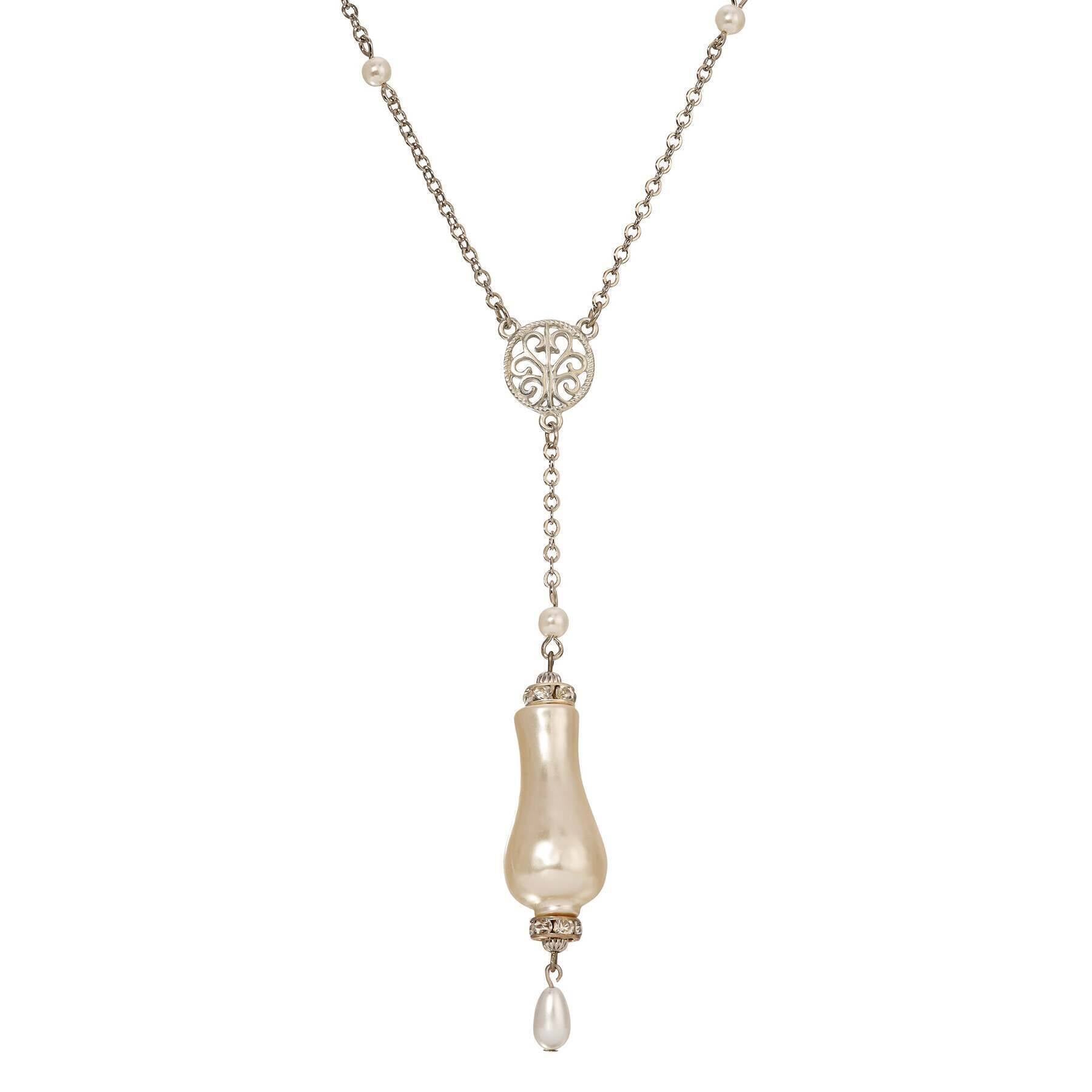 1928 Jewelry Irregular Shape Faux Pearl & Crystal Y Necklace 24