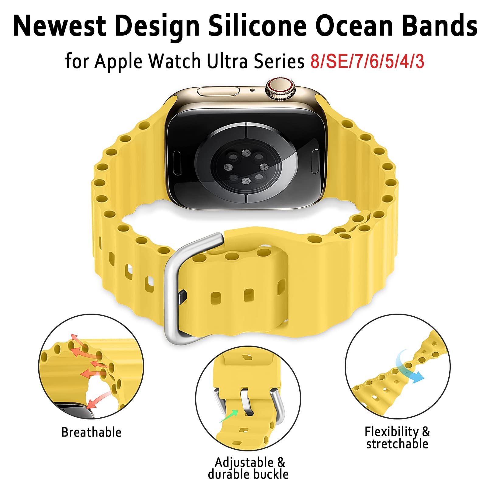 Premium Ocean Band for Apple Watch Ultra/Series 9/8/7/6/5/4/3/2/1 & SE - 49mm 45mm 44mm 42mm 41mm 40mm 38mm Silicone Sport Strap - Breathable Durable Wristband for Men & Women - Perfect for Swimming, Workouts & Outdoor Activities