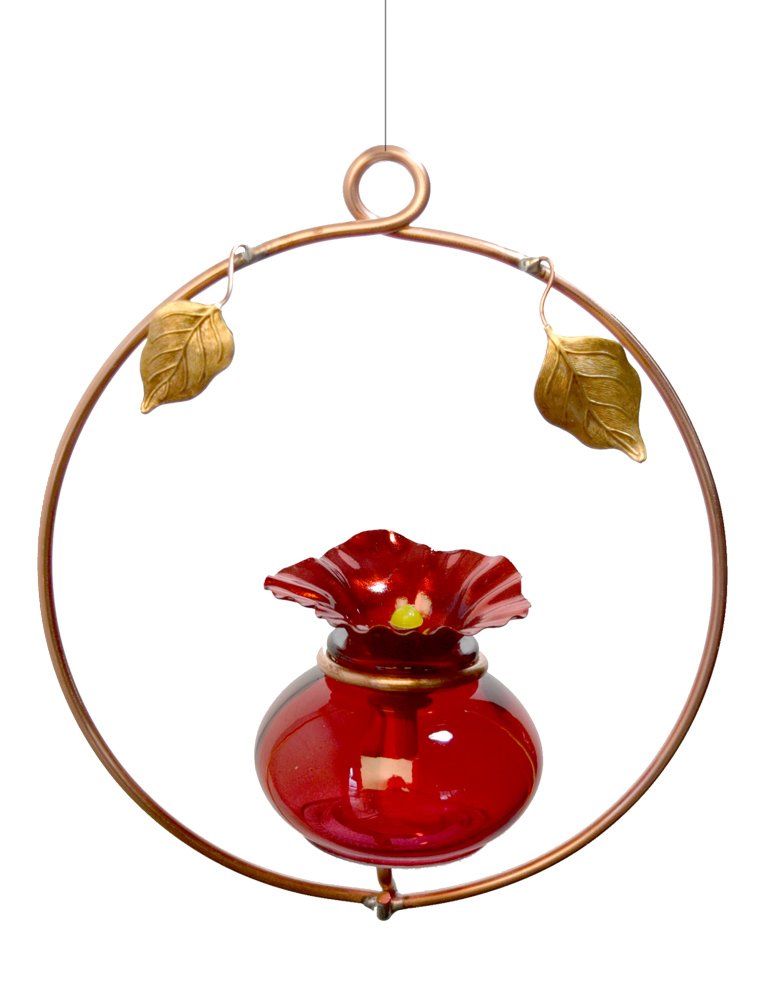 Handmade Copper Hoop Hummingbird Feeder with Glass Reservoir - American Made Garden Decor for Outdoor Bird Watching & Backyard Wildlife Attraction
