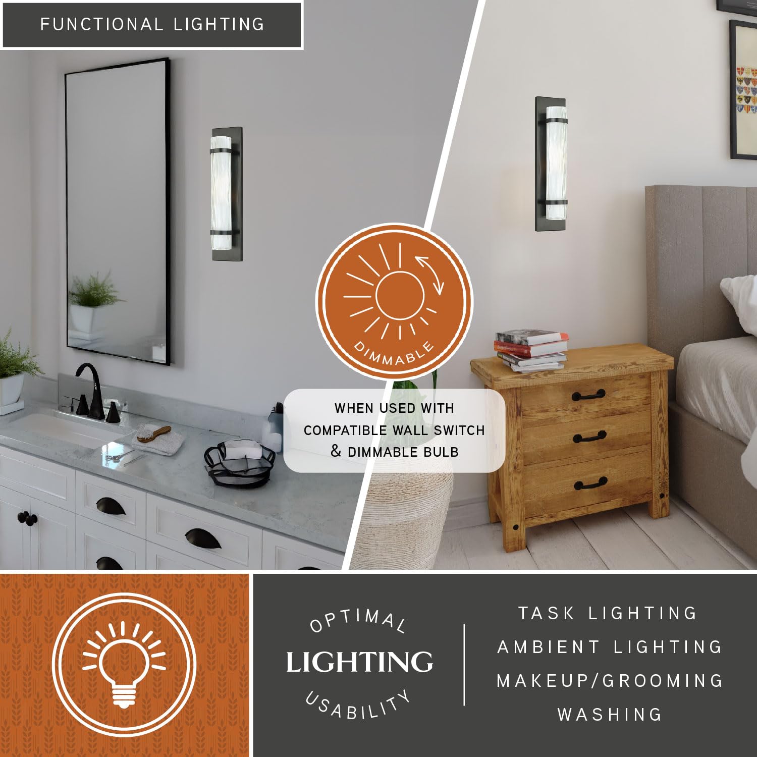 VAXCEL Vilo 1-Light Bronze Cylinder Flush Mount Wall Sconce with White Glass Shade - ADA Compliant Bathroom Lighting for Hallway, Bedroom, or Entryway