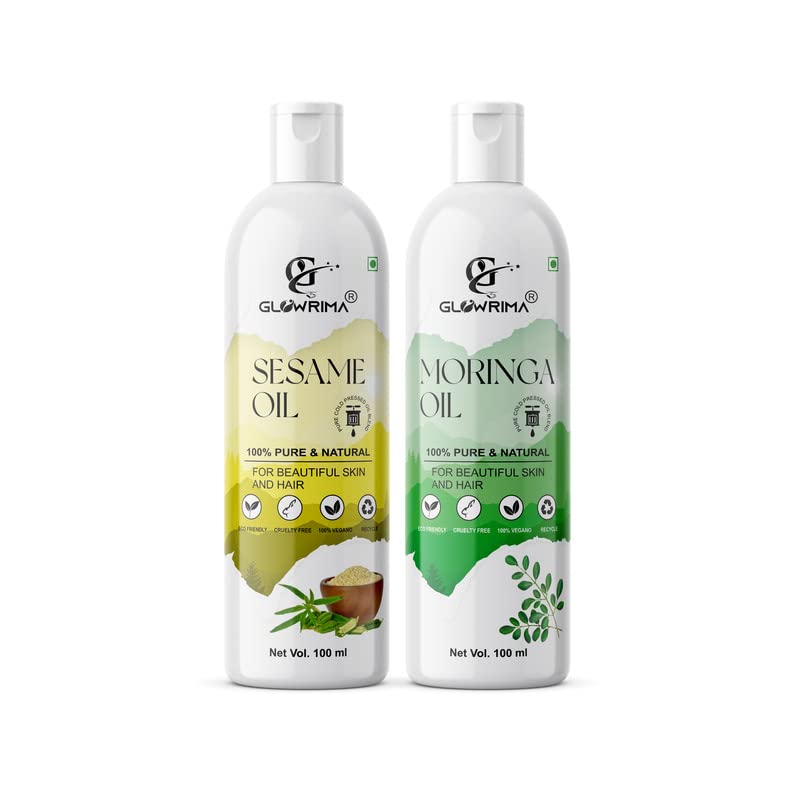 Glowrima 100% Pure Sesame Oil & Moringa Oil Combo (100ML Each) for Hair Growth, Anti-Hair Fall, Split Ends Treatment - Promotes Soft, Shiny Hair - Pack of 2 - Perfect for Daily Hair Care & Scalp Massage
