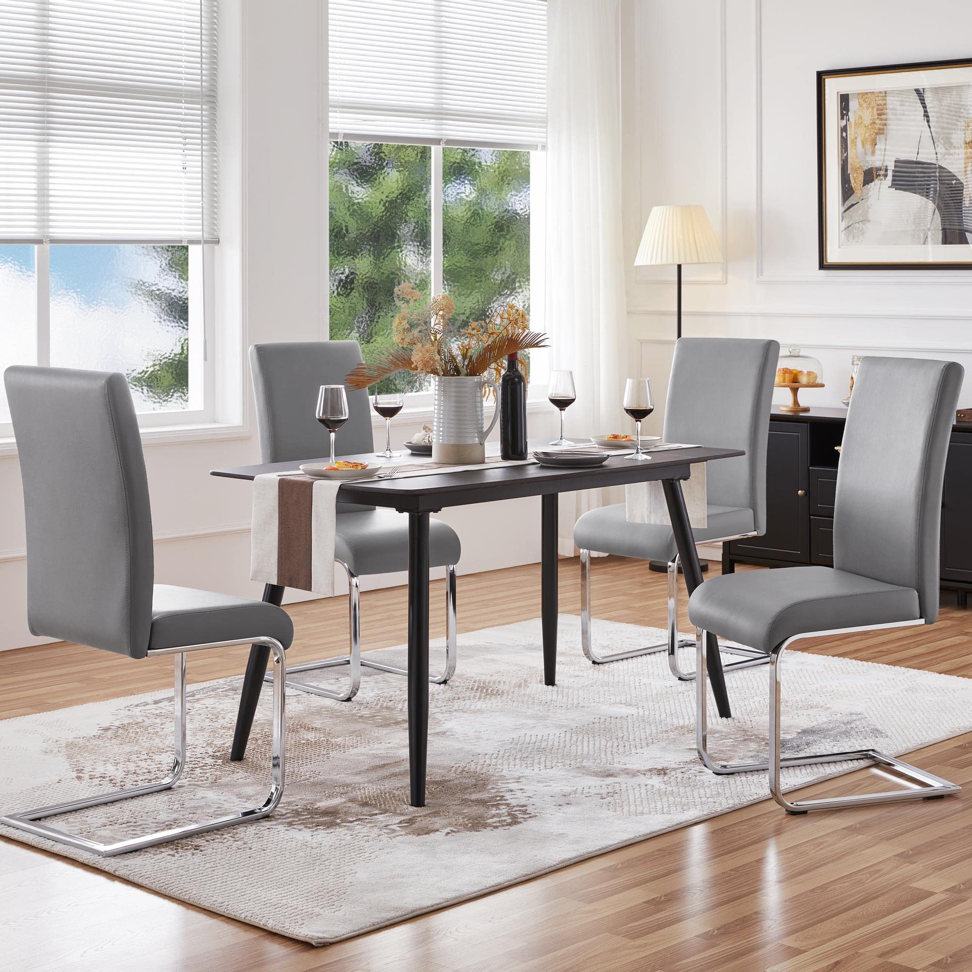 Yaheetech 4-Piece Light Gray Leather Dining Chairs - Armless Upholstered Side Chairs with Metal Legs & High Back for Kitchen, Dining Room, Living Room | Comfortable Seating for Family Meals, Entertaining Guests & Home Decor