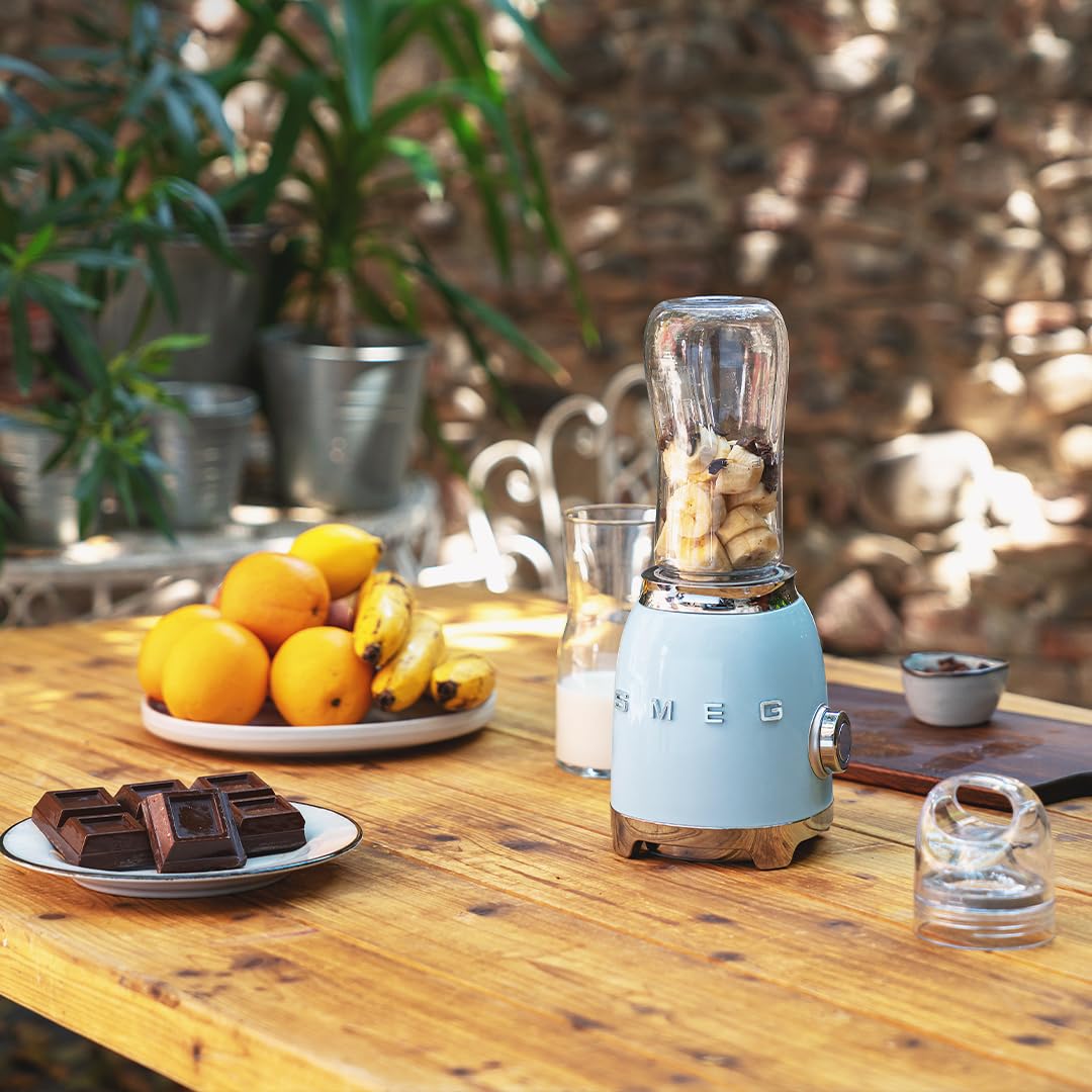 SMEG 50's Retro Style Personal Blender - 600W Motor, 2 BPA-Free 600ML Bottles, Backlit Knob - Pastel Blue (PBF01PBUS) - Perfect for Smoothies, Protein Shakes & Kitchen Counter Decor