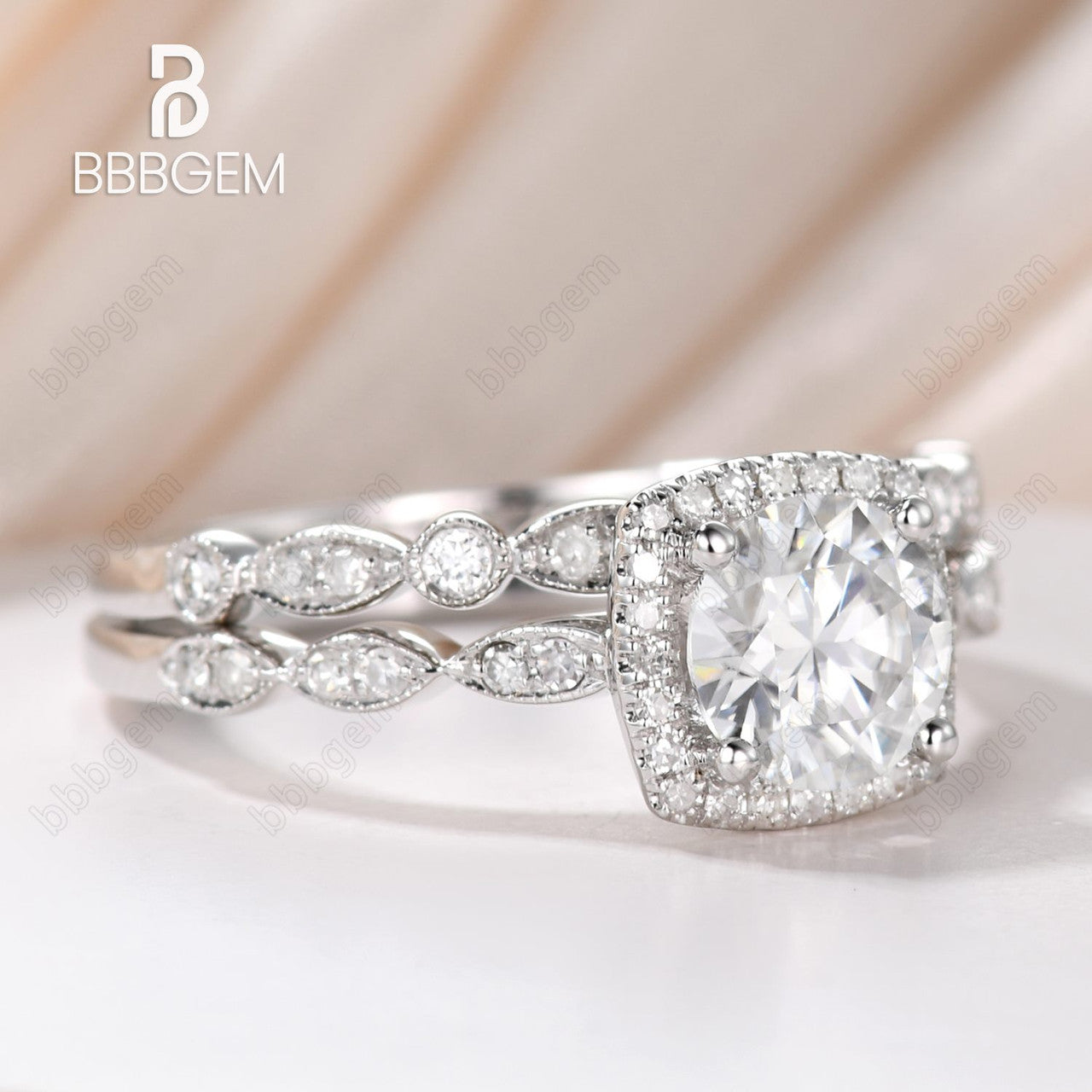 Art Deco Moissanite Engagement Ring Set with 6.5mm Round Cut & Cushion Diamond Halo - 14k White Gold Marquise Wedding Band for Women | Perfect for Proposals, Anniversaries & Bridal Jewelry