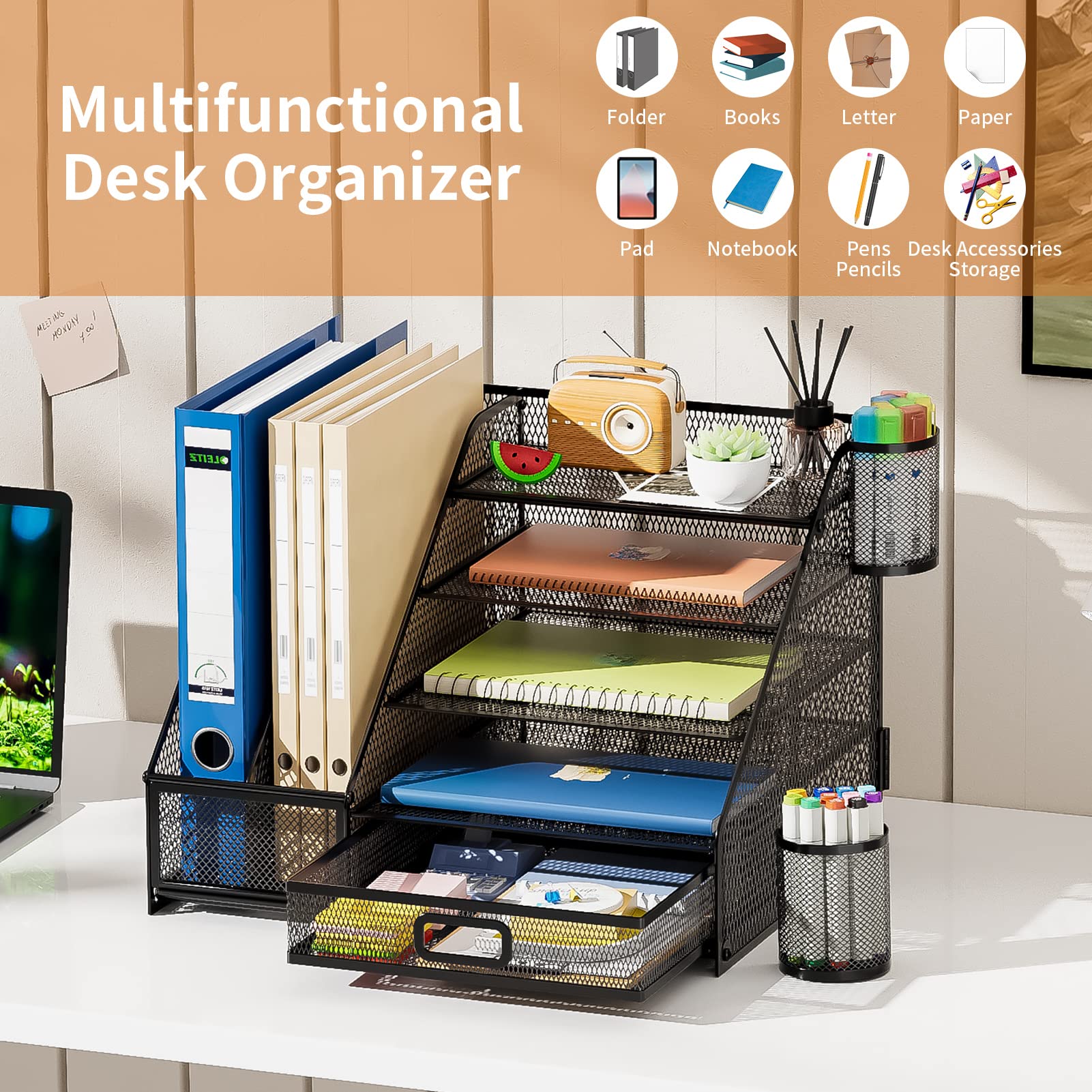 5-Tier Mesh Desk Organizer with File Holder & Drawer - Letter Tray, Pen Holders & Office Storage | Perfect for Home Office, School & Workspace Organization