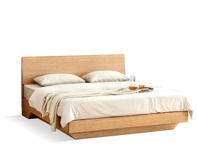 Solid Oak & Black Walnut Wood Floating Platform Bed with LED Lighting - Modern Bedroom Furniture for Contemporary Home Decor