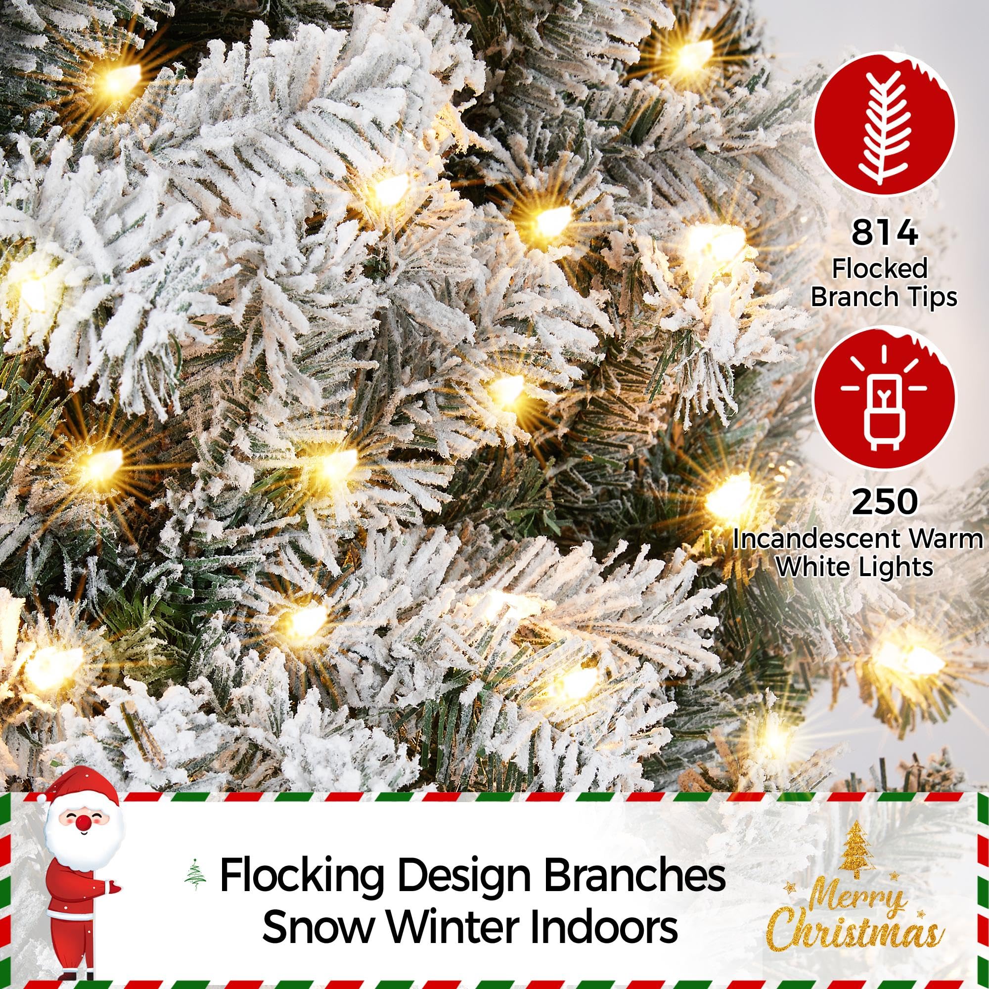 Yaheetech 6ft Pre-lit Snow Flocked Pencil Christmas Tree - Slim Hinged Artificial Fir with 250 Warm White Lights & 814 Snow Tips - Perfect for Small Spaces, Apartments, Office & Holiday Corner Decorations