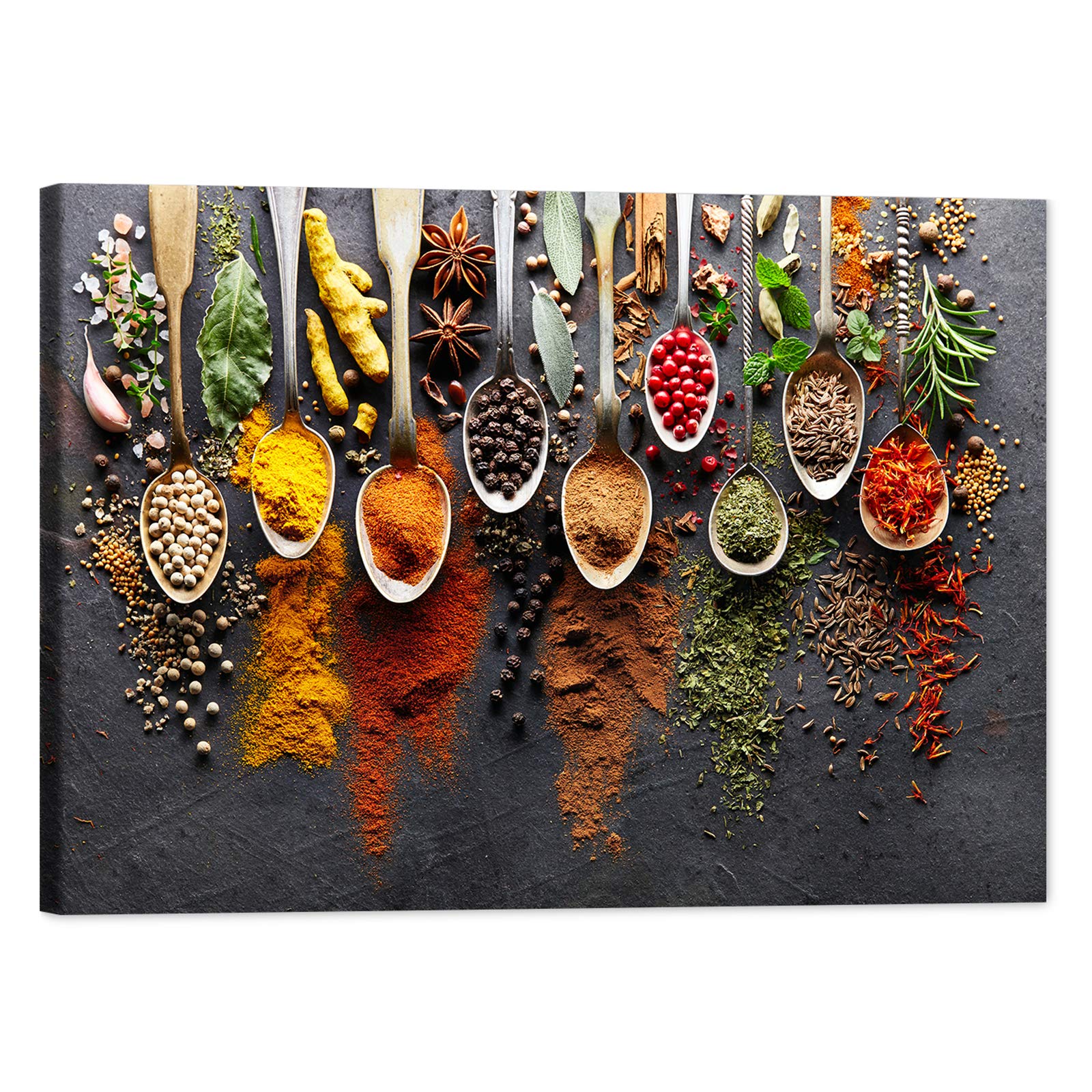 Modern Kitchen Canvas Wall Art - Colorful Spices & Spoons Painting (28x40 Inches) | Vibrant Dining Room Decor | Perfect for Farmhouse, Apartment & Restaurant Wall Decoration