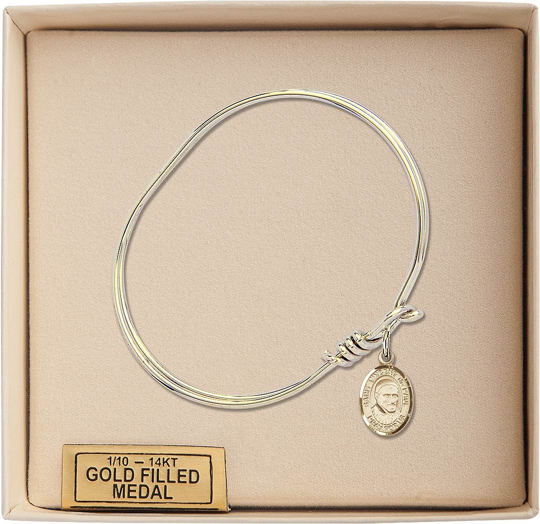 Gold-Filled Oval Eye Hook Bangle Bracelet with St. Vincent de Paul Charm - Elegant Religious Jewelry for Women, Perfect for Church, Daily Wear & Gift Giving