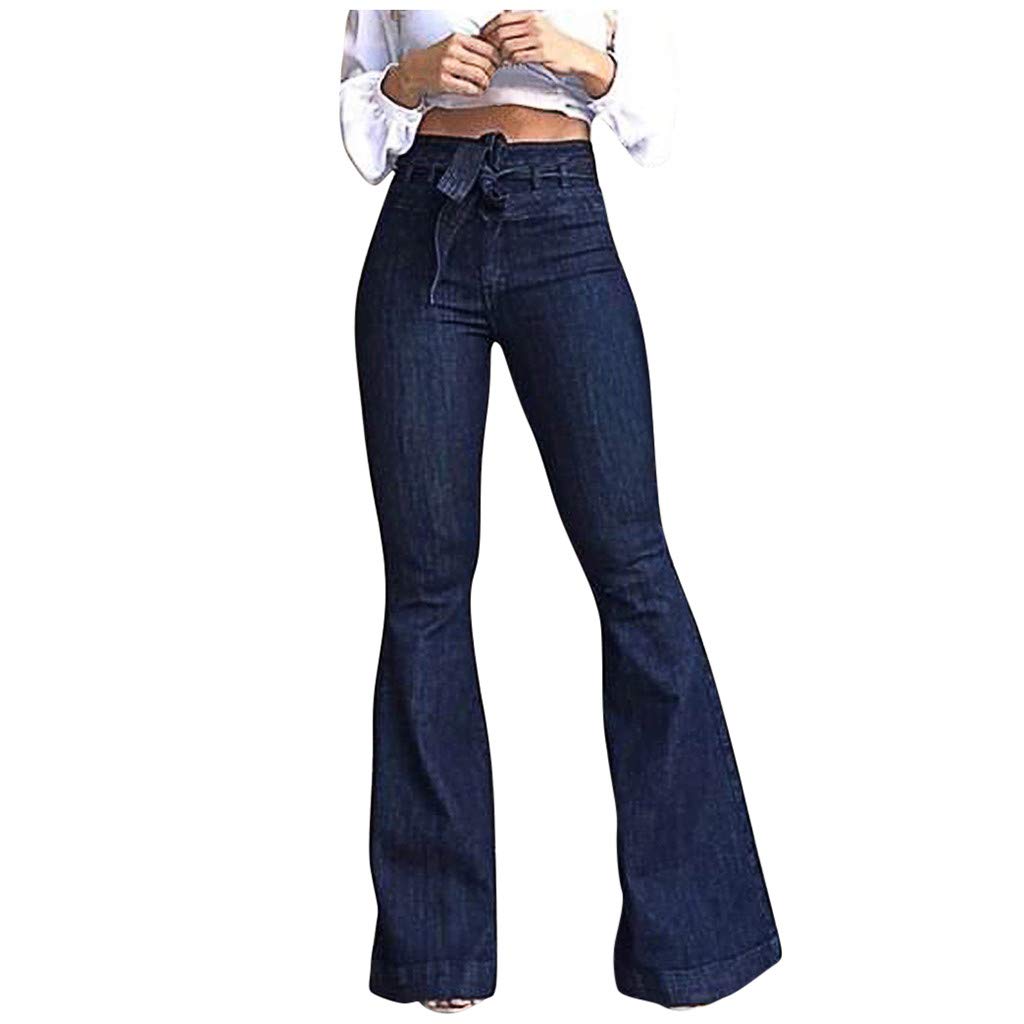 QIQIZAI Women's High Waisted Flared Jeans - Stretchy Denim Pants with Lace-Up Detail, Wide Leg Bell Bottom Design for Casual Wear | Perfect for Everyday Outfits, Date Nights & Boho Fashion Styles