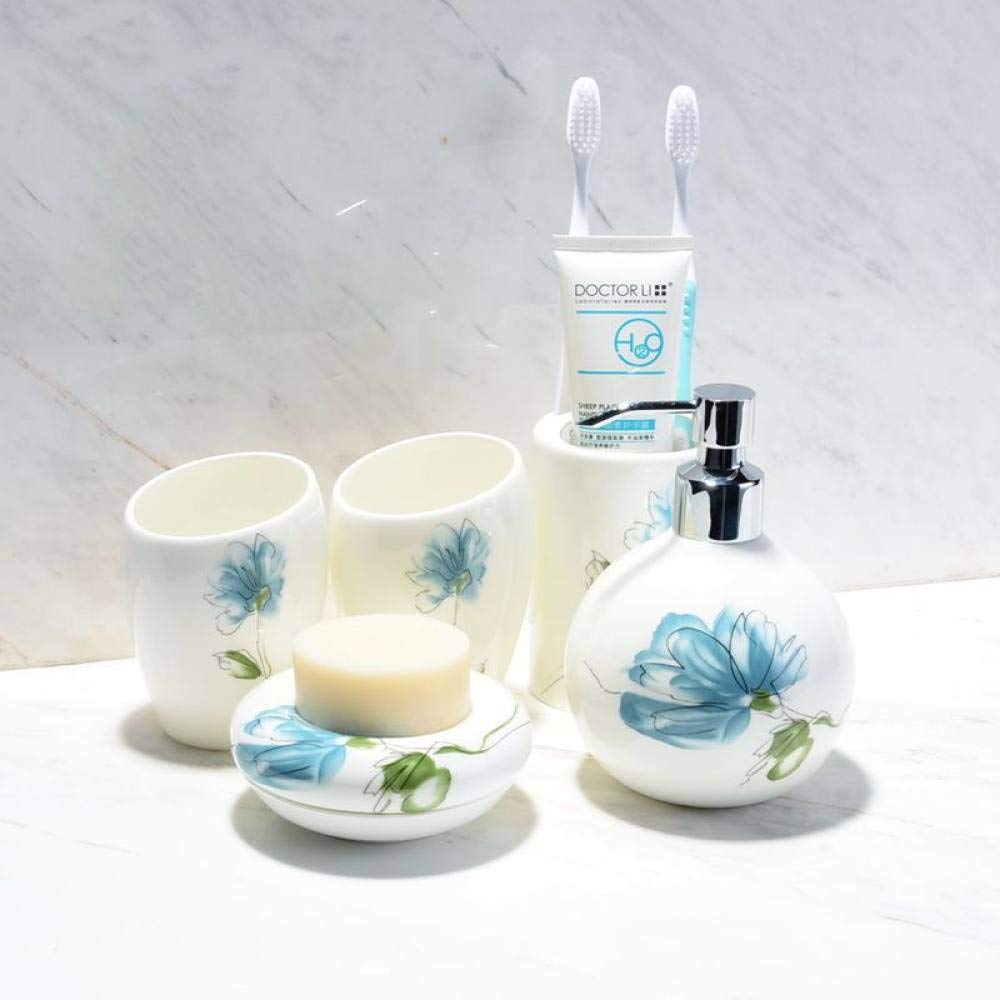 Vintage Ceramic Bathroom Accessories 5-Piece Set - Blue Floral Soap Dispenser, Toothbrush Holder, Soap Dish & 2 Tumblers for Home, Hotel & Spa Decor | Elegant Vanity Storage Solution