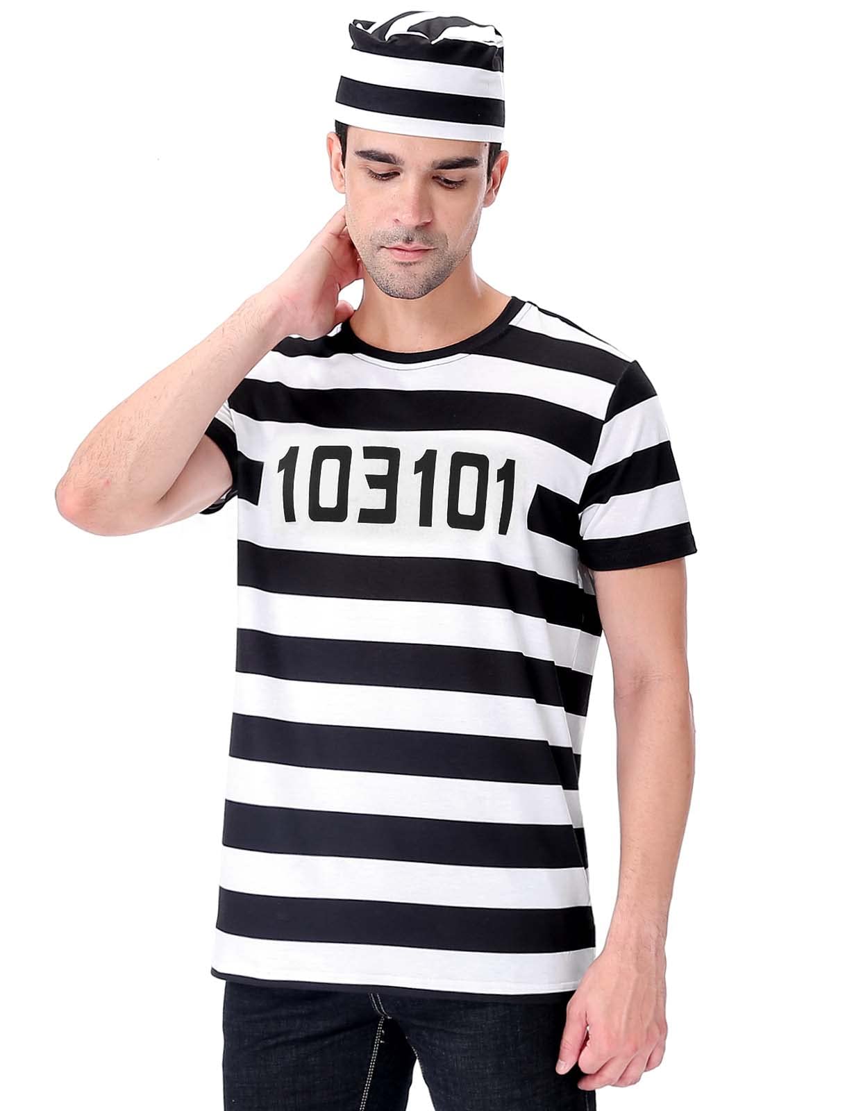 Funny Striped Prisoner Costume T-Shirt for Men - Halloween, Cosplay & Theme Party Outfit