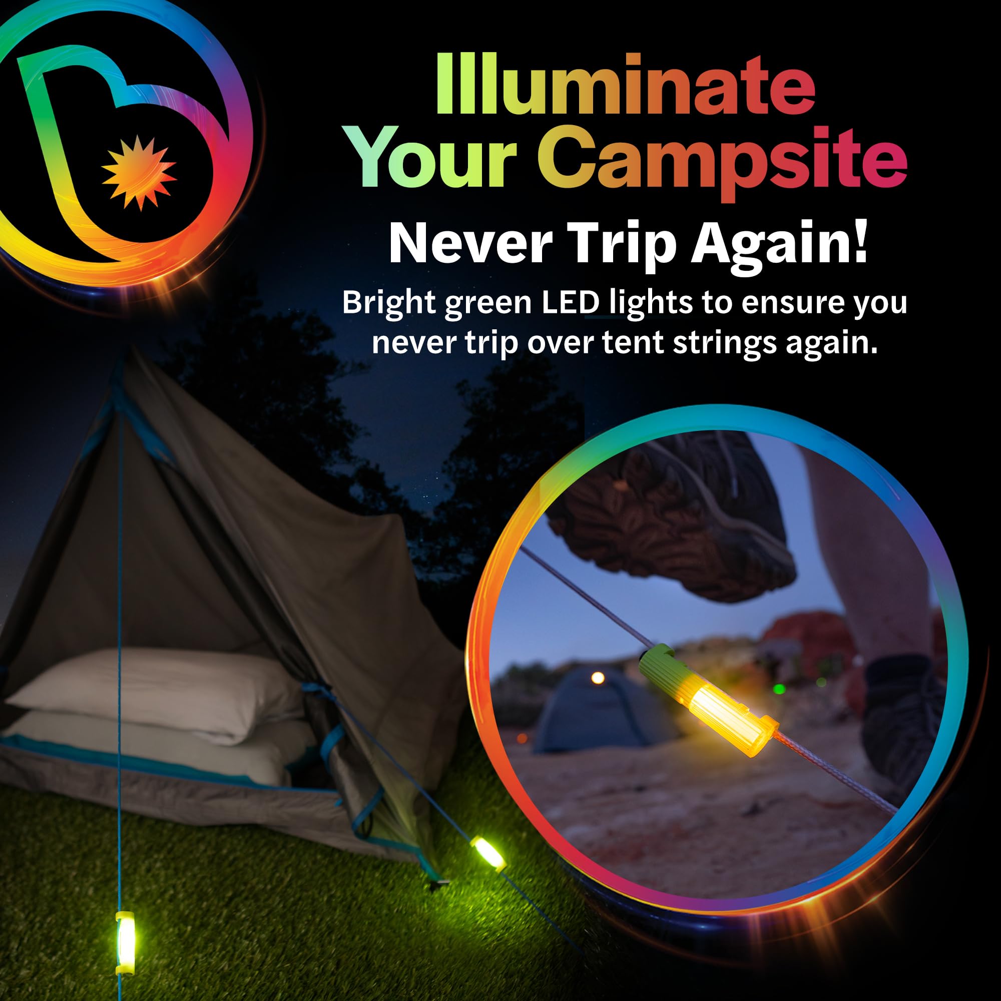 Brightz LED Tent String Lights - Waterproof & Durable Camping Lights for Outdoor Safety - Keep Tent Guy-Lines Visible at Night - Perfect for Camping, Backpacking, Hiking & Emergency Lighting