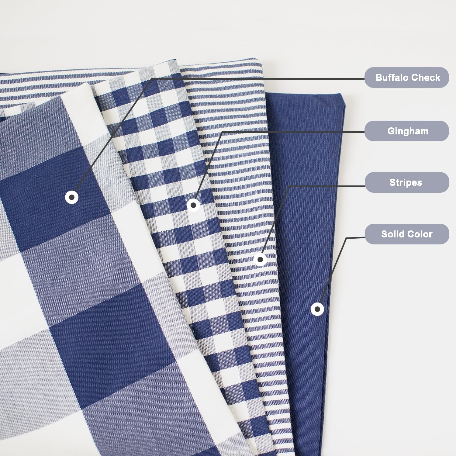 Premium HOPLEE 20x20 Inch Plaid Pillow Covers Set of 4 - Navy Blue Buffalo Plaid, Solid Navy, Stripe & Gingham Designs for Sofa, Bed & Home Decor