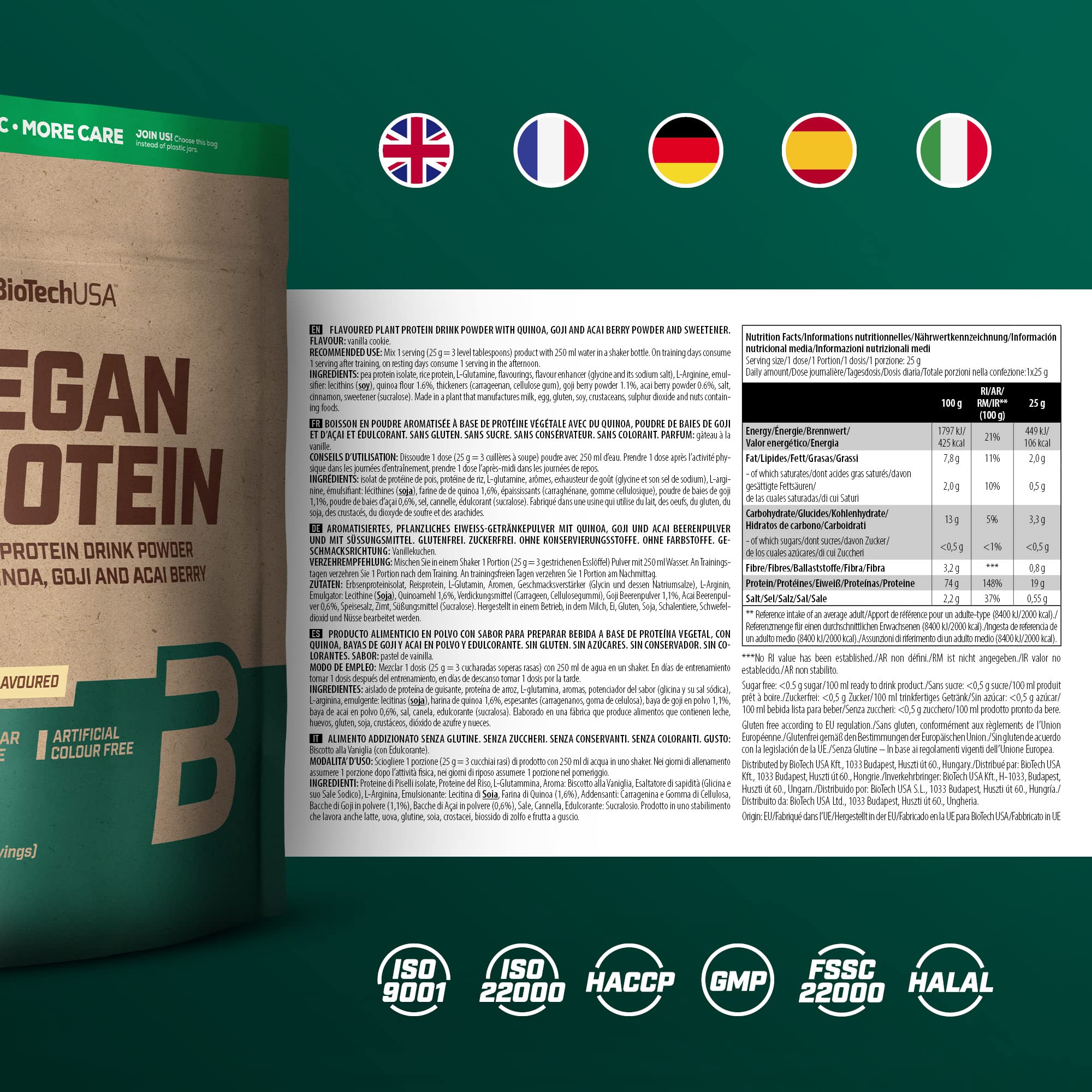 BioTechUSA Vegan Protein Powder - Vanilla Cookie Flavor, 2000g for Muscle Recovery & Post-Workout Nutrition | Plant-Based Protein Supplement for Athletes & Fitness Enthusiasts